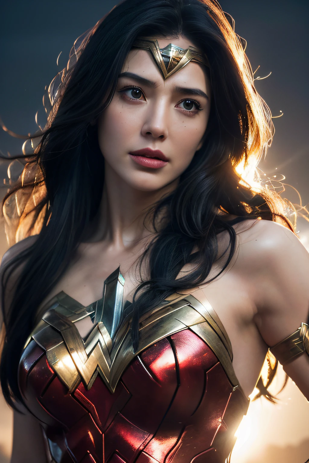 (best quality,4k,highres:1.2),highly-detailed,(realistic:1.37),beautifully composed scene,dramatic lighting, Wonder Woman from a DC close-up, twisted spaces, twisted undead in the background,haze around the lens,light shafts, intricate and complex details, volumetric lighting, 4K rendering, stock photo, hyperrealistic texture, HDR lighting effects, Unreal Engine