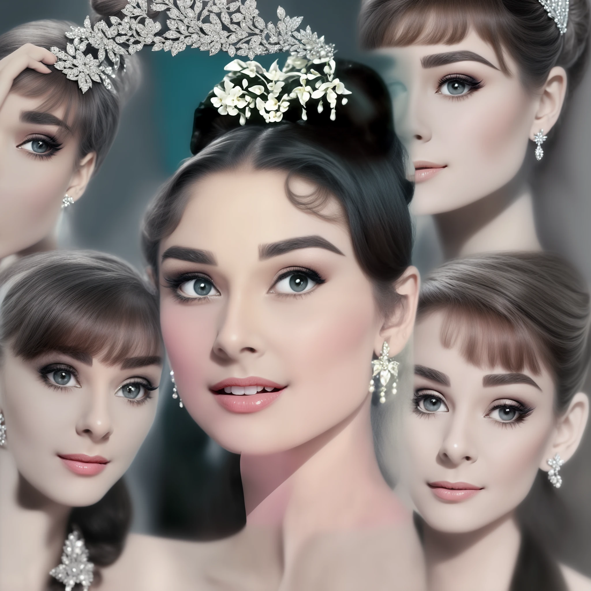 Close up portrait of woman wearing tiara and earrings, Gorgeous Lady Audrey Hepburn, Beautiful Audrey Hepburn, Audrey Hepburn, Audrey Hepburn from Korea, Portrait of Audrey Hepburn, young audrey hepburn, Looks like Audrey Hepburn, with high cheekbones, Audrey Hepburn in horror novels, Maria Callas, Elizabeth taylor, Beautiful face!!!!, Very beautiful face, Beautiful delicate face