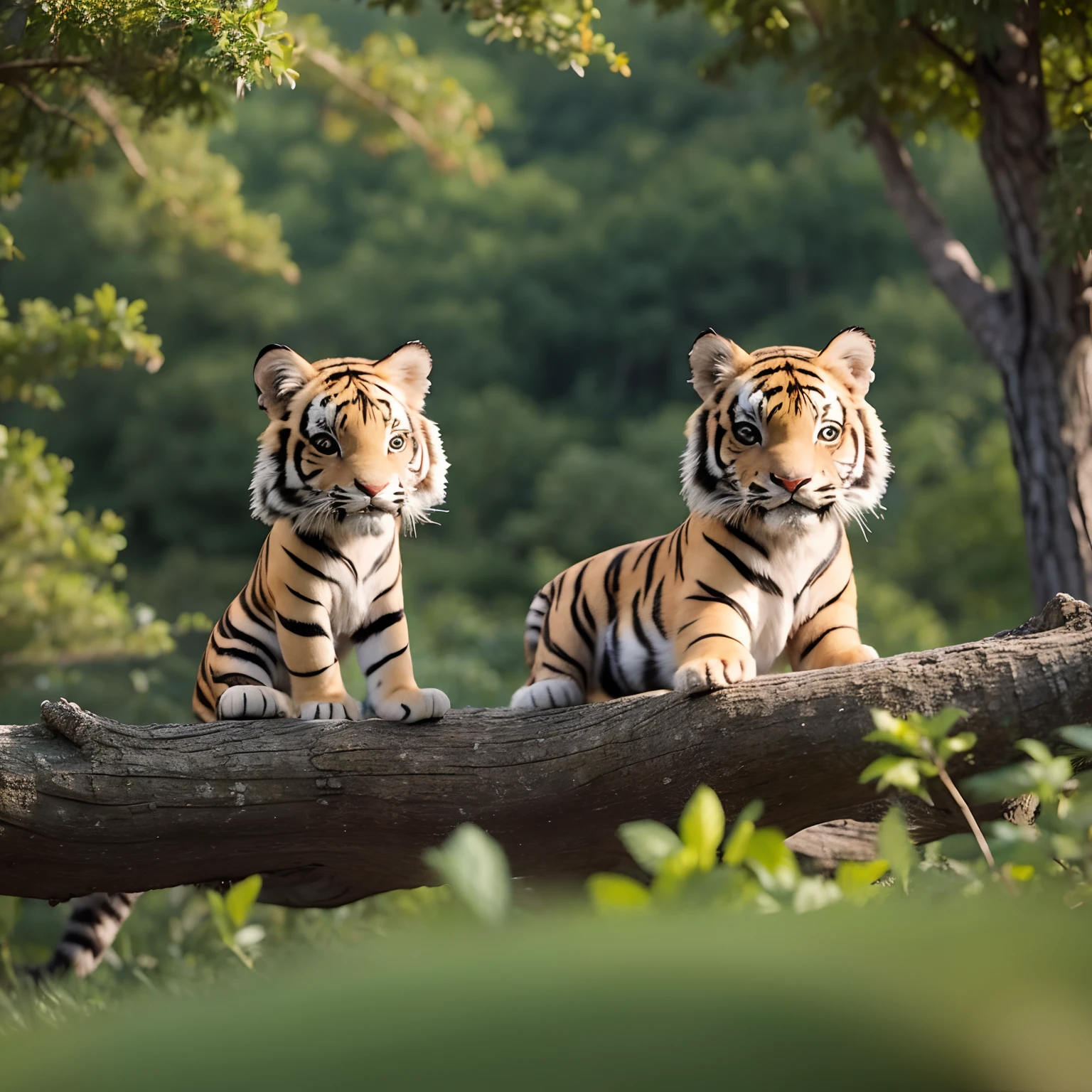 Two cute little tigers，at a forest，Good vision，The background is delicate and delicate。