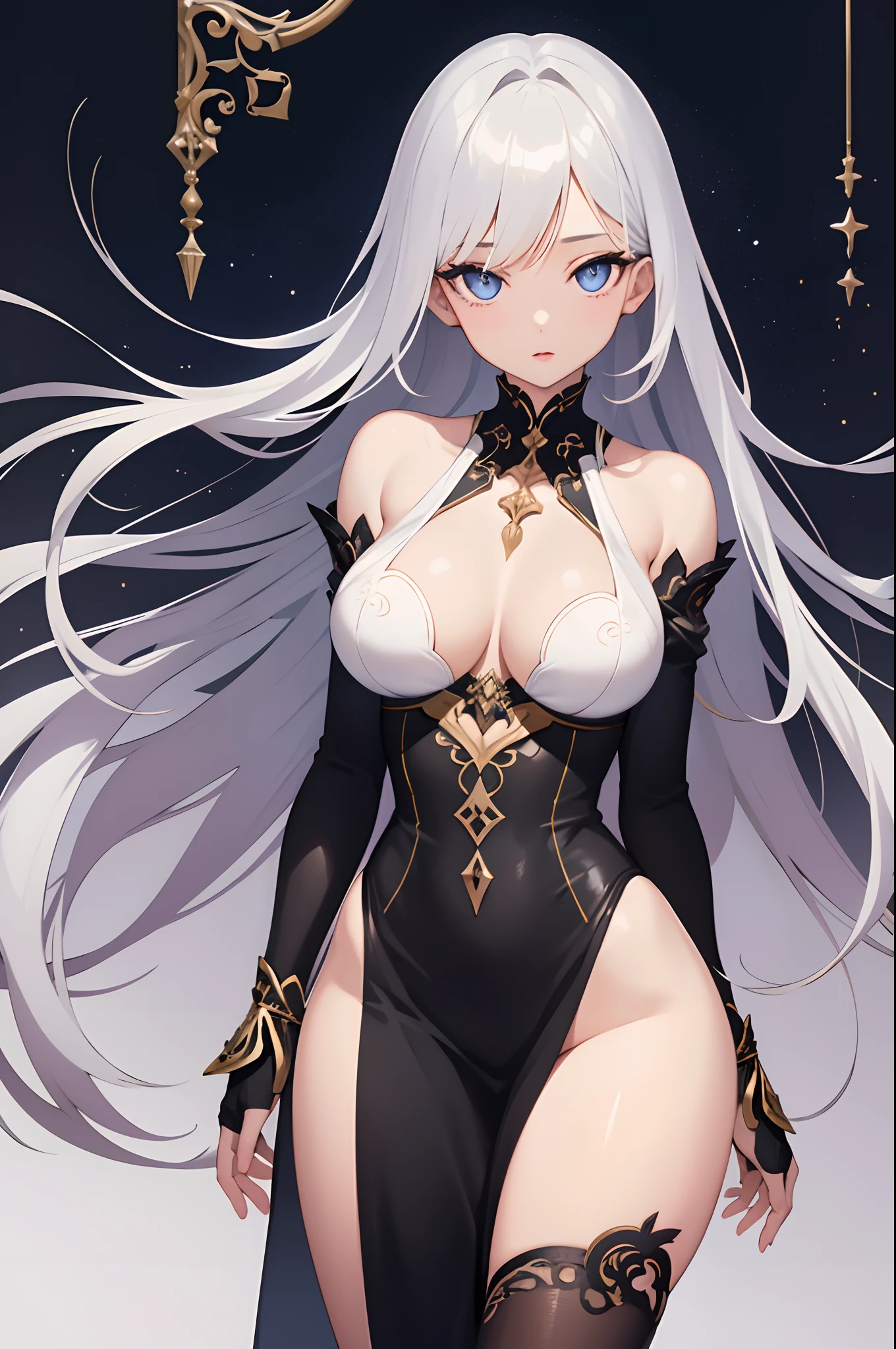 1girl, anime, cute girl, blank background, white background, fantasy, detailed dark fantasy dress with highlights, beautiful face, beautiful eyes, dark colors, medium breasts, slight cleavage, beautiful skin, cute, breast curtains, extremely delicate and beautiful, (beautiful detailed face:1.0), (detailed deep eyes), symmetrical breasts, deep eyes, shiny skin, portrait, slender waist, hips wider than shoulders, thighs, young girl