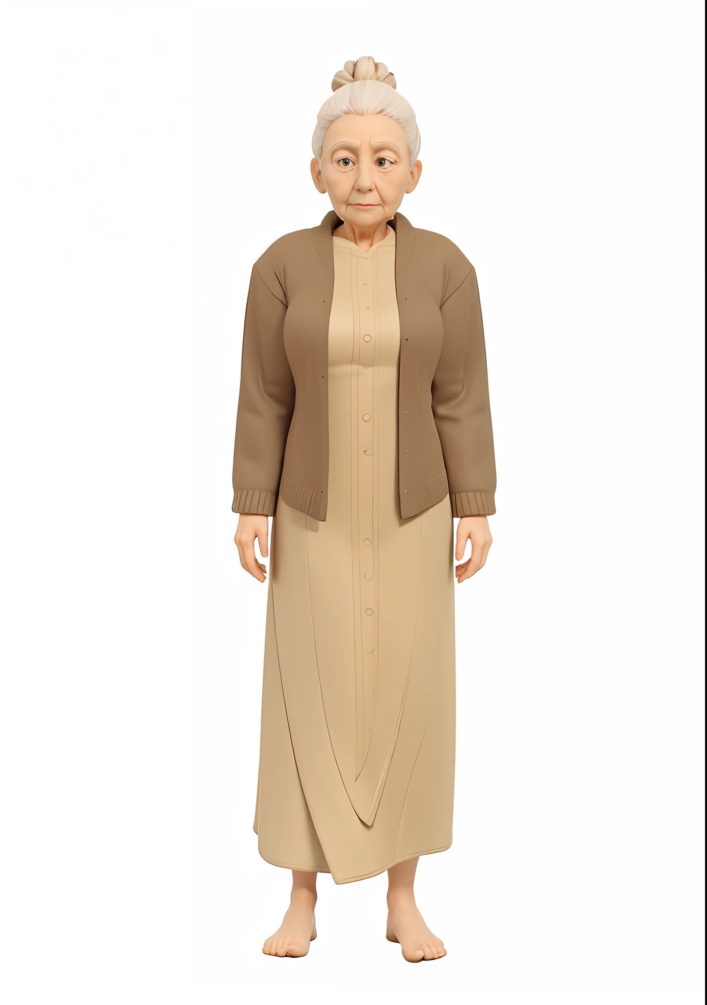 3d rendered, An old lady, dark brown Cardigan outer, cream color dress, white hair, hair bun, barefoot, wizened face, worn out clothes,