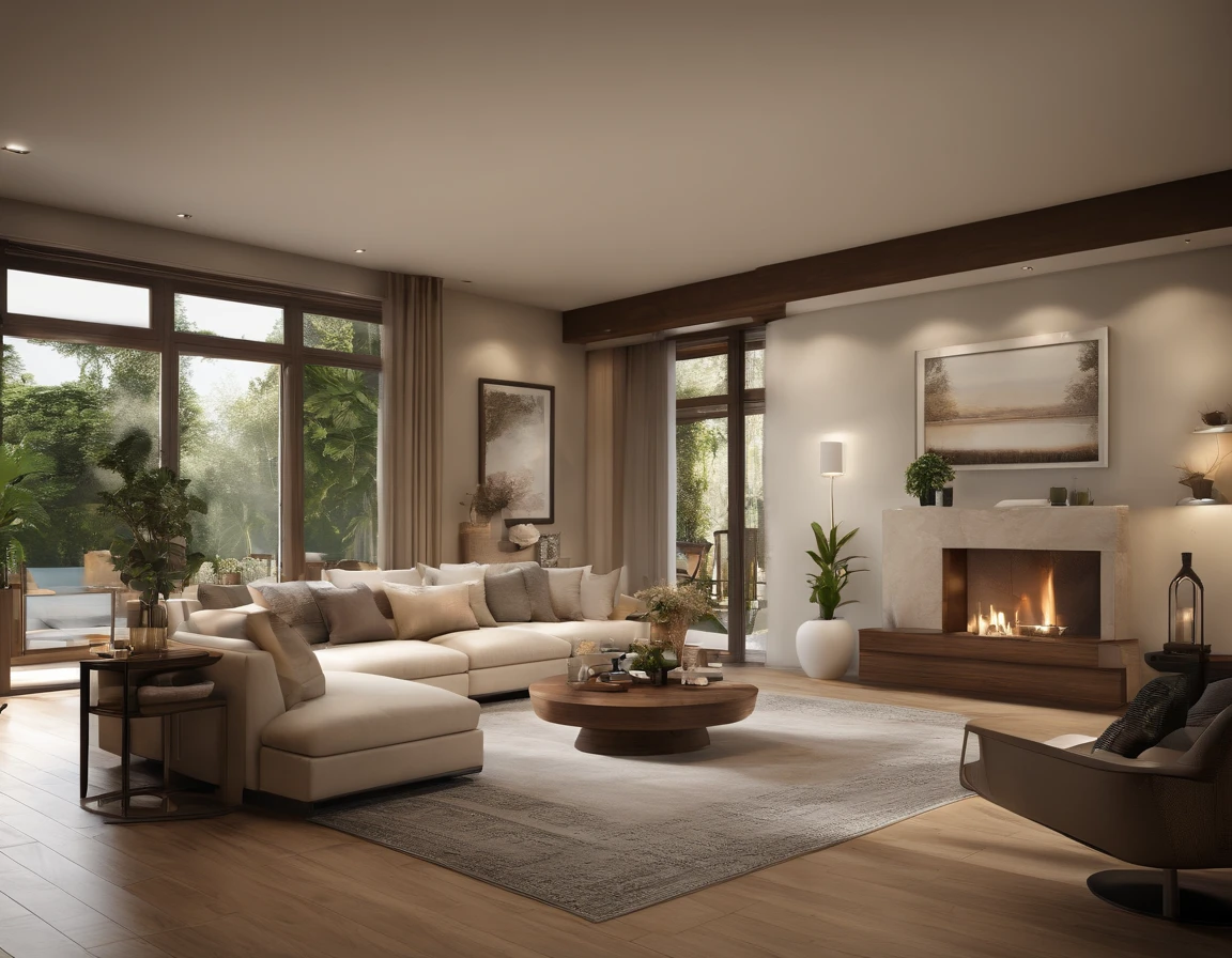Spacious and comfortable living room，You can see the kitchen with the island, (((Best quality))), (((Ultra detailed))), (((Masterpiece))), Large wooden windows with natural light, Beige sofa, Wooden table, Vase plants, modern minimalistic design, Ultra photo realsisim, Masterpiece, Highly detailed, Digital painting, Best quality, A high resolution, detailed work, Post-processing, Creative studio, Promotional architectural photos