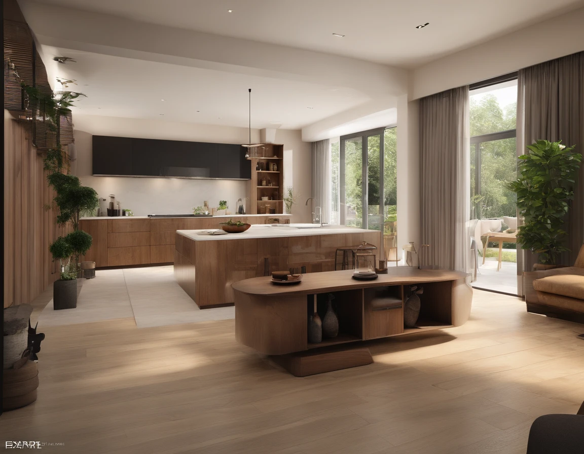 Spacious and comfortable living room,You can see the kitchen with the island, (((Best quality))), (((Ultra detailed))), (((Masterpiece))), Large wooden windows with natural light, Beige sofa, Wooden table, Vase plants, modern minimalistic design, Ultra photo realsisim, Masterpiece, Highly detailed, Digital painting, Best quality, A high resolution, detailed work, Post-processing, Creative studio, Promotional architectural photos