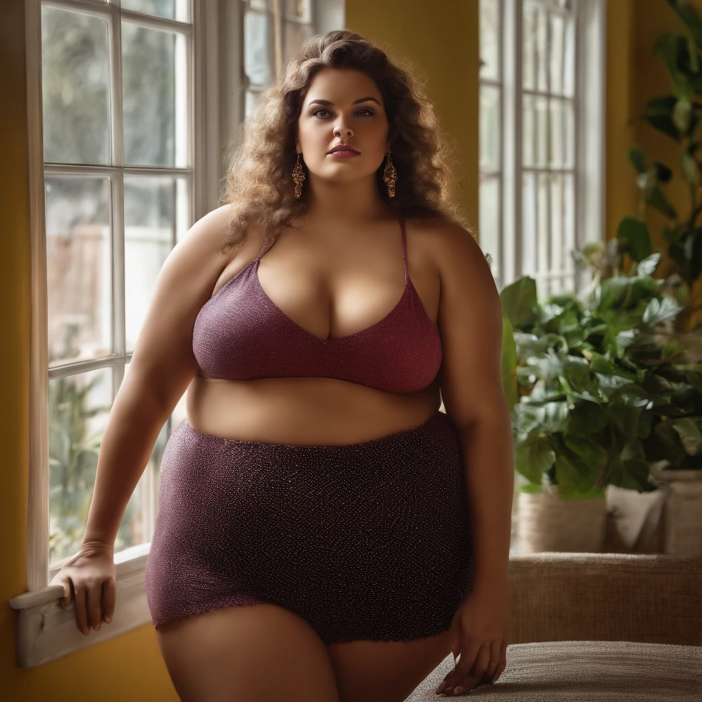 Retrato realista, High resolution very fat woman, sozinha na sala de casa, sem roupa nsfw