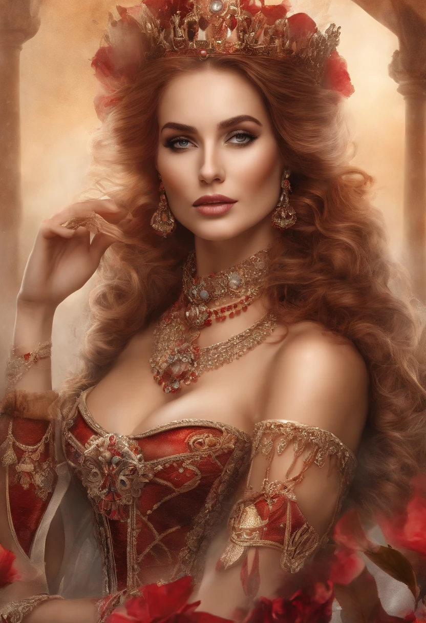 ((((master piece))))) (((( fantastic quality))))))))fine line art, watercolor wash, portrait of the sexy queen of hearts, in her poker themed royal kingdom, masterpiece, 8k, ultra details, symmetry, digital painting, summer tones, 4k resolution, luis royo and alberto seveso and alexander mcqueen style, perfect composition, detailed background, 60-30-10 color rule