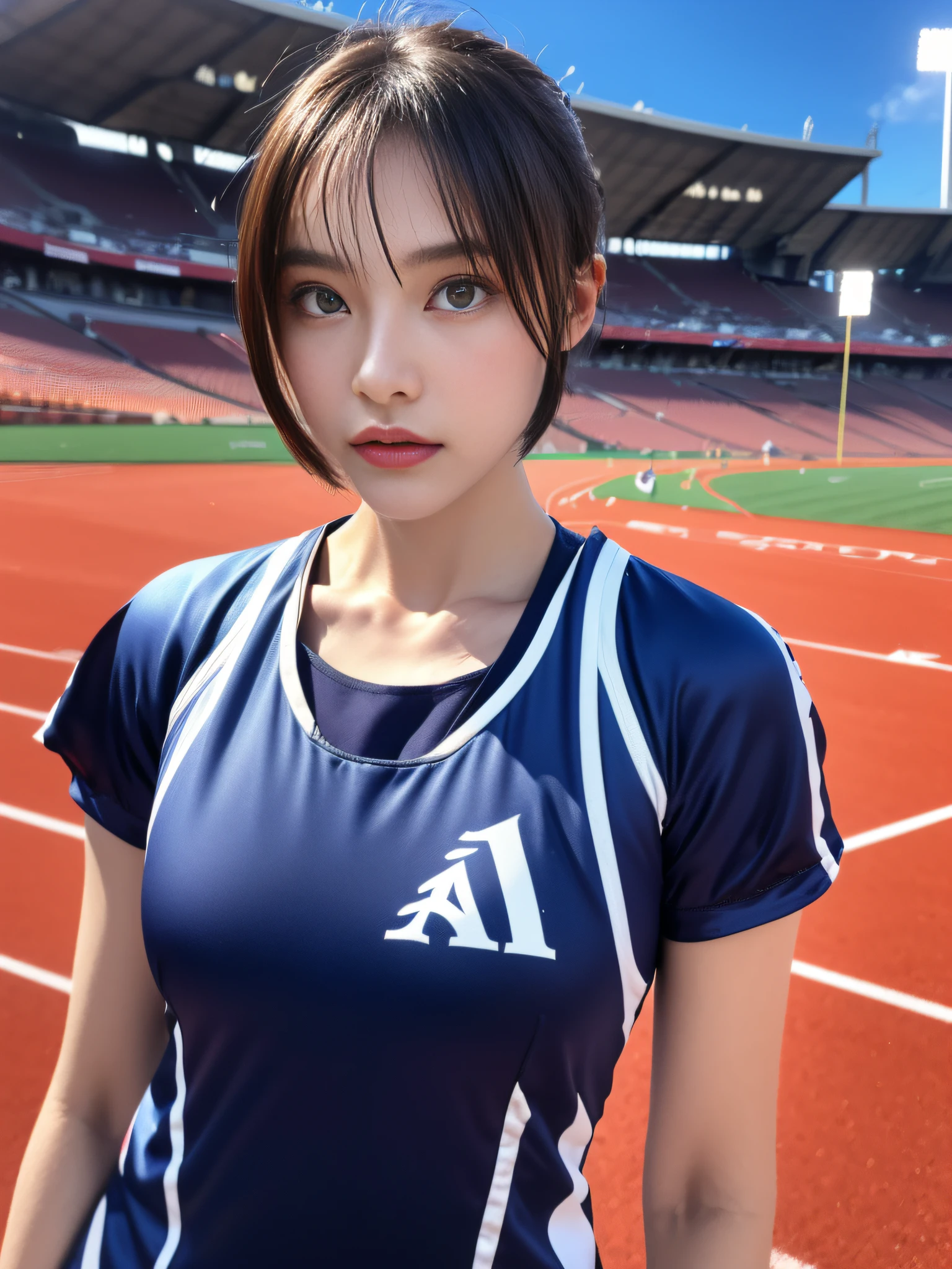 (masutepiece:1.3), (8K, Photorealistic, Raw photography, Best Quality: 1.4), japanse, Beautiful face, (Lifelike face), (Short-cut hair:1.3), Realistic eyes, Beautiful eyes, (realskin), Beautiful skin, Ultra high definition, Hyper-realistic, hight resolution, Beautiful Japan Woman、run、(Athletics stadium at night、Land Track:1.5)、track and field、(toppless:1.4)、(Chest shakes:1.2)、glares、