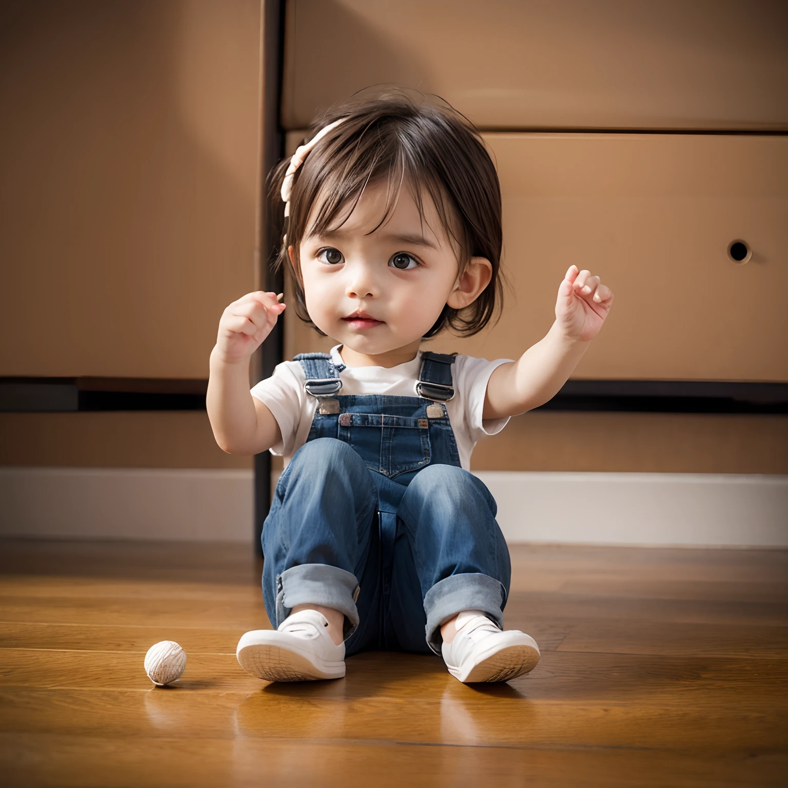 (Best Quality), (masutepiece:1.3), (Realistic), (Photorealistic:1.36), Ultra-detailed, From below, Cute little girl in witch Hoodie pyjamas, undershirt, bedroom, (flat chest), big smile, Dynamic Angle, (Kneeling, Hands on the floor in front of you)