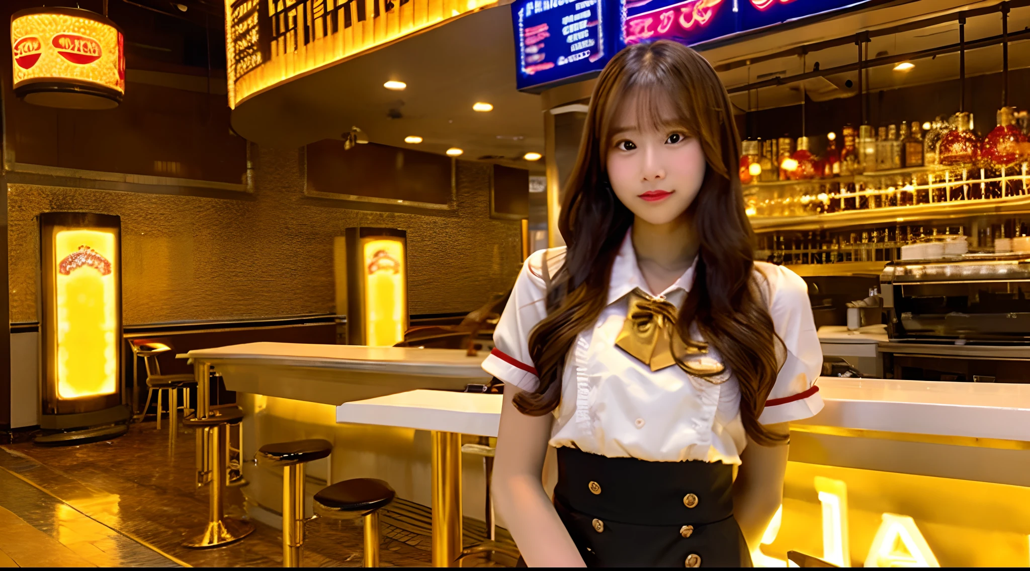 18-year-old waitress in a golden miniskirt