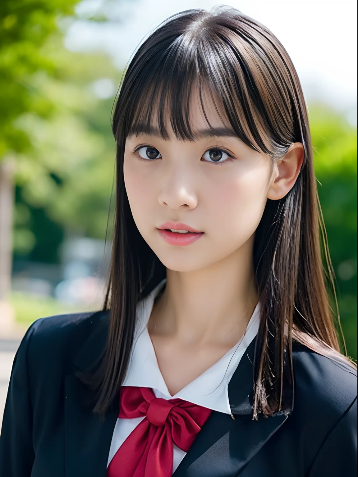 Japan school uniform, a closeup, wide angles, low angles, peitos fartos, Brown hair, looking at the viewers, portlate, 耳Nipple Ring, ear phone, hi-school girl, Fabric Pleated Skirt, neck tie, Black Suit, Red suit, a sailor suit, Posing Black Eye, unparalleled masterpiece ever, Ultra realistic 8K CG, Clean and beautiful face, Glossy skin, Skindentation, top-quality, 超A high resolution, Photorealsitic, ((Look at viewers))