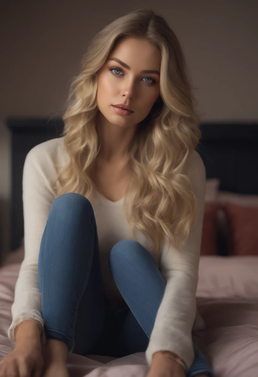 arafed woman fully , sexy girl with blue eyes, ultra realistic, meticulously detailed, portrait sophie mudd, blonde hair and large blue eyes, selfie of a young woman, bedroom eyes, violet myers, without makeup, natural makeup, looking directly at the camera, face with artgram, subtle makeup, stunning full body shot kneeling on bed, in bedroom, medium to large size bust