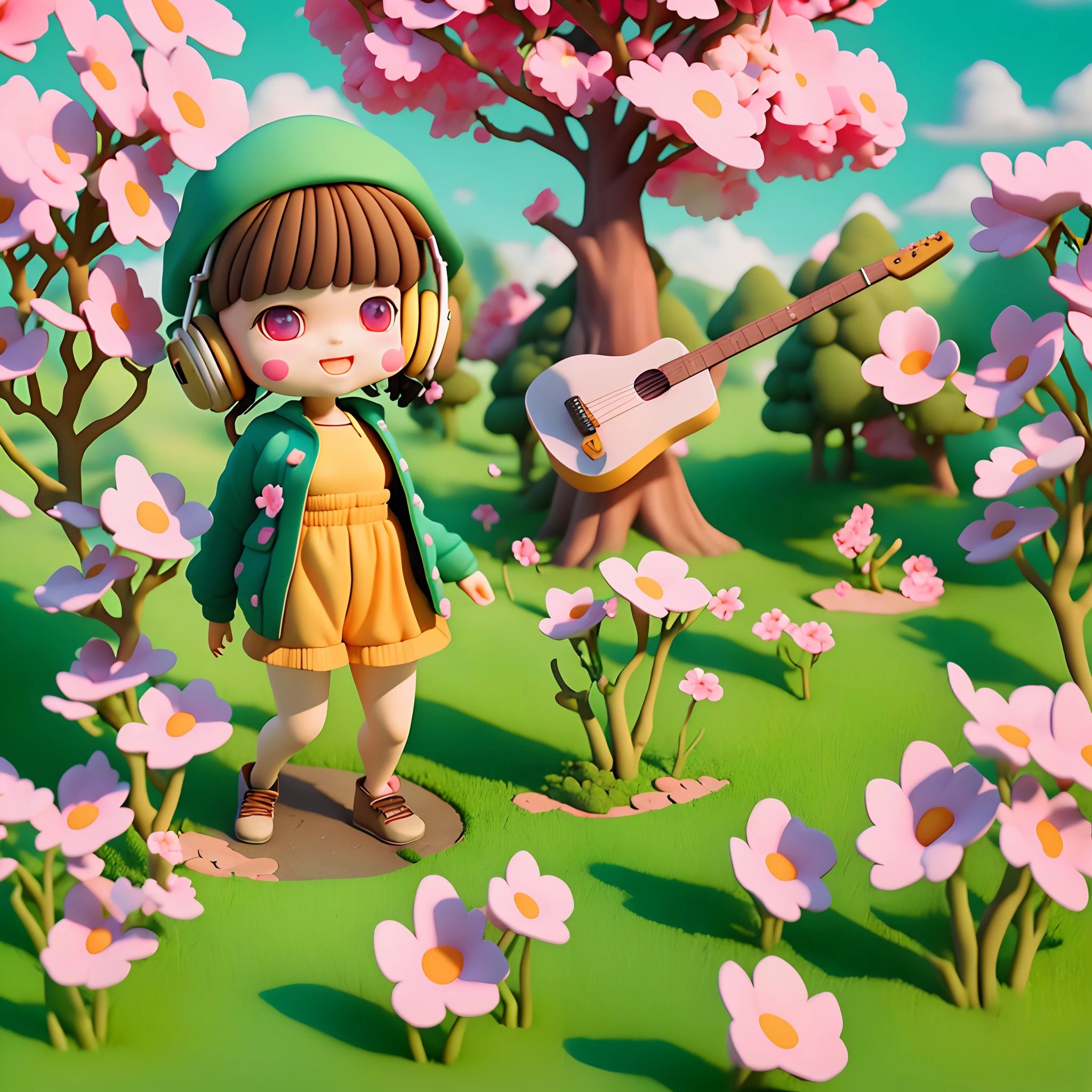 (masterpiece),(best quality),(ultra-detailed), (full body:1.2), 1girl,chibi,cute, smile, open mouth, flower, outdoors, playing guitar, music, beret, holding guitar, jacket, blush, tree, :3, shirt, short hair, cherry blossoms, green headwear, blurry, brown hair, blush stickers, long sleeves, bangs, headphones, black hair, pink flower, (beautiful detailed face), (beautiful detailed eyes),