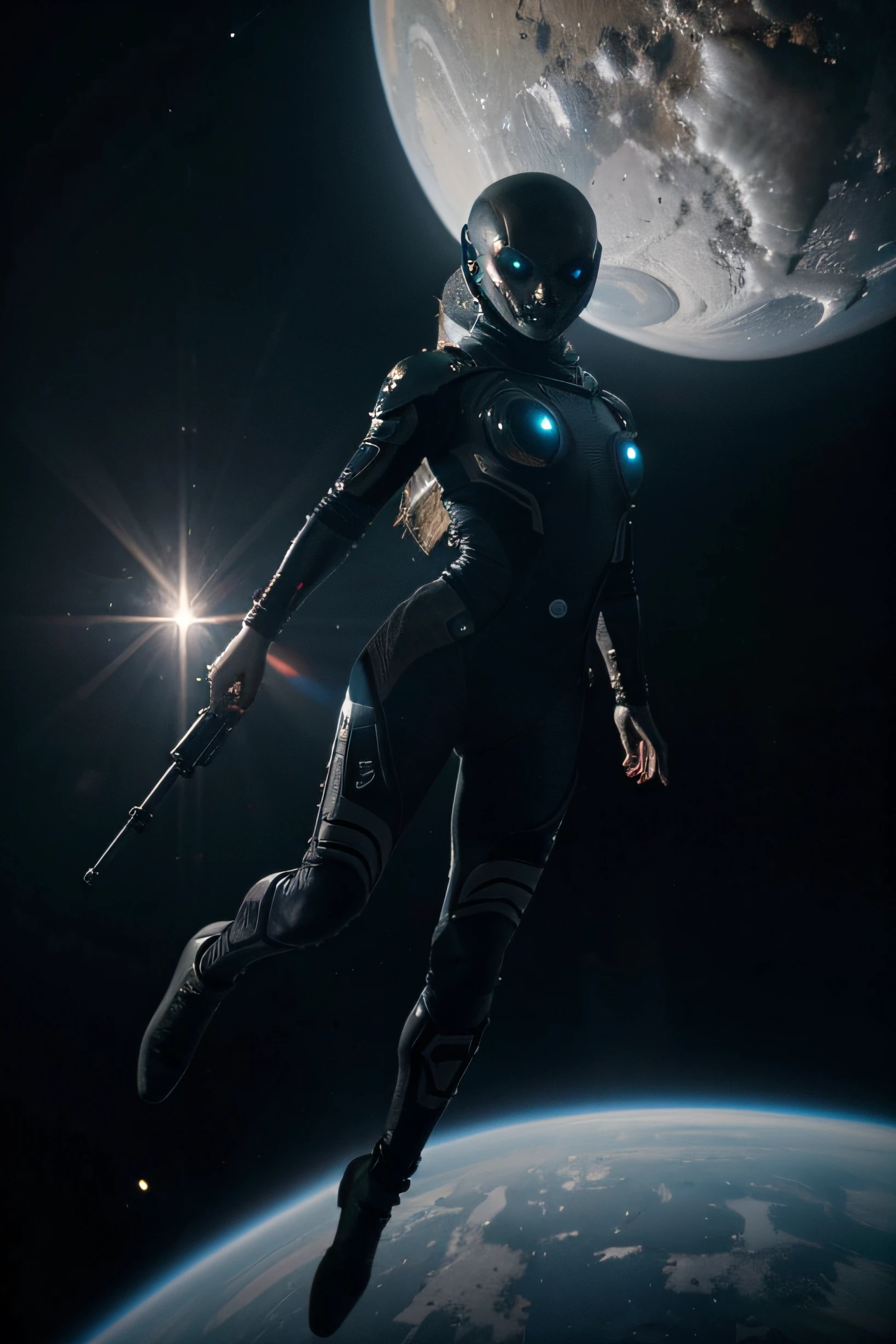 A Terrifying Alien Creature, flying in space, segurando uma arma, roupa prateada futurista. foto ultra realista, 4k, film lighting, hd, ultra realista