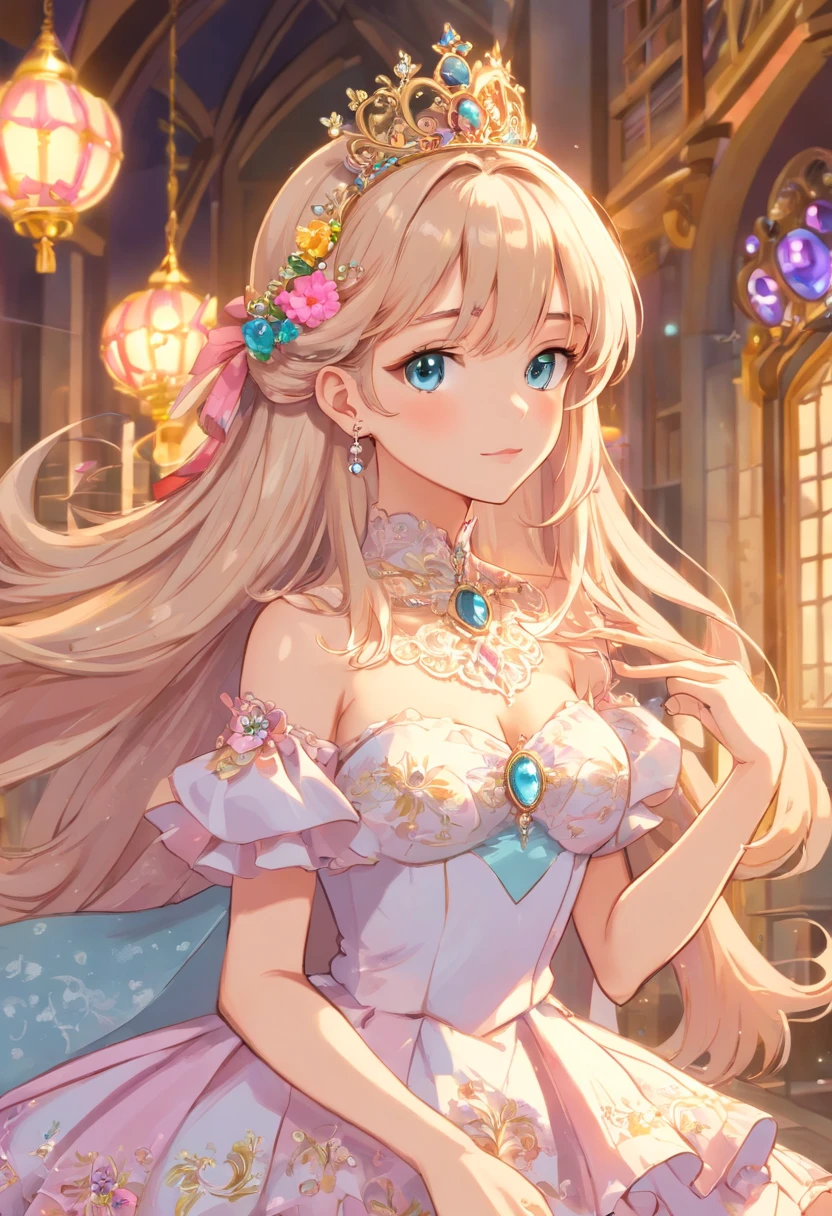 (Obra maestra, La mejor calidad,extremadamente detallado,Moe Anime Art Style:1.1),1girl, (solamente), Lindo, kawaii,Arte digital,((1 princesa de anime bling-bling con hermosos bordados y un hermoso vestido de princesa con joyas con voluminosa falda de aro de cuerpo entero)),((crinoline)),Tren largo,Volantes voluminosos,(Magnificent embroidery and beautiful lace),(tetas muy gigantescas,escote,skindentation),((cabello brillante,cabello largo absurdamente liso)),((Cara y ojos finamente detallados)),pupila clara,Adorno de cabello extremadamente hermoso,(Bling-bling joya extremadamente hermosa tiara),((Bling-bling magnificent gemstone jewelry)),Velo largo,((hermoso fondo,fantasy)),flores,Flowing flower petals,cuerpo completo,(Mirando hacia otro lado),((Hermosos bordados y hermosos vestidos de princesa con joyas con voluminosa falda de aro de cuerpo entero))