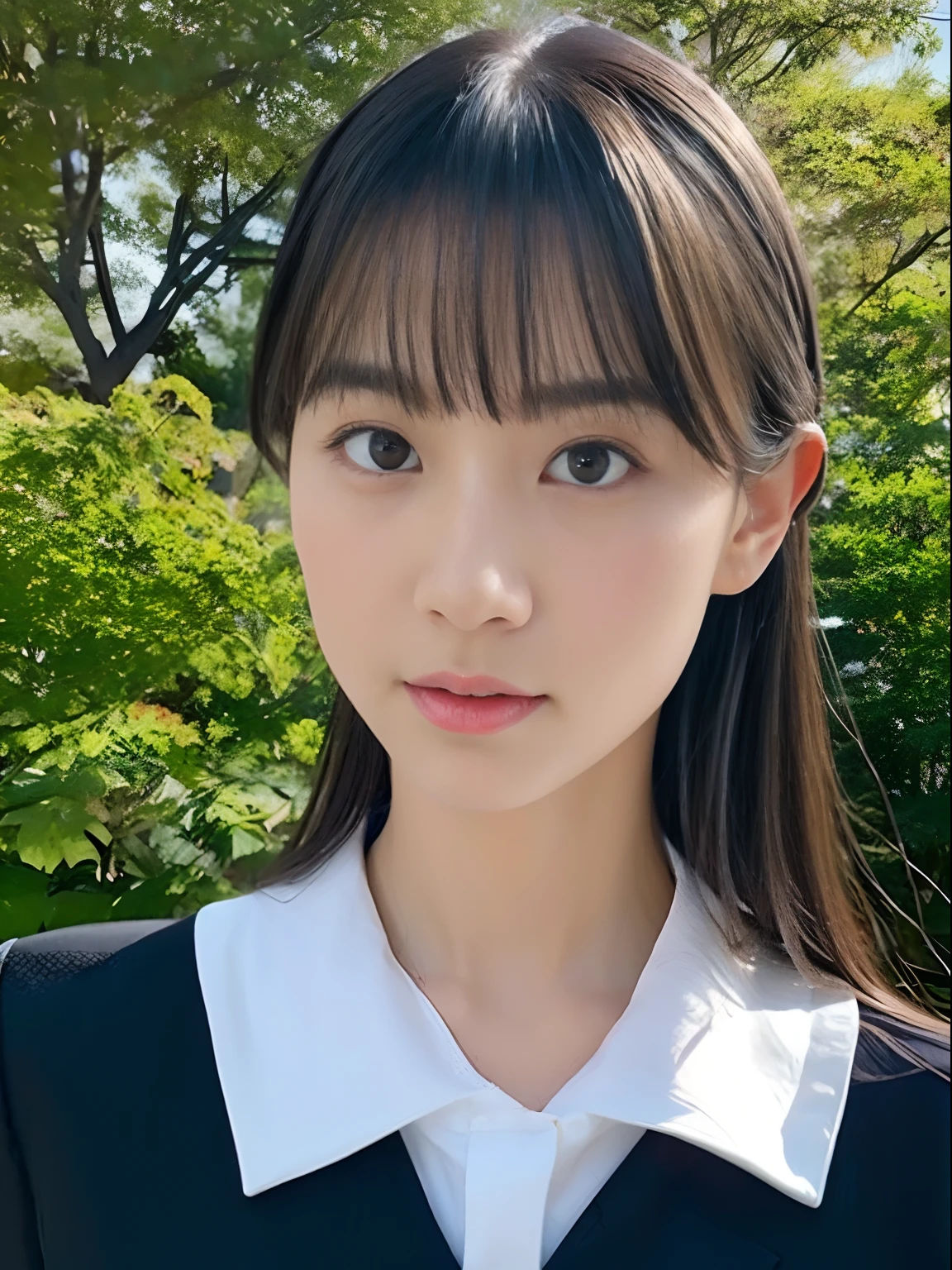 Japan school uniform, a closeup, wide angles, low angles, peitos fartos, Brown hair, looking at the viewers, portlate, 耳Nipple Ring, ear phone, hi-school girl, Fabric Pleated Skirt, neck tie, Black Suit, Red suit, a sailor suit, Posing Black Eye, unparalleled masterpiece ever, Ultra realistic 8K CG, Clean and beautiful face, Glossy skin, Skindentation, top-quality, 超A high resolution, Photorealsitic, ((Look at viewers))