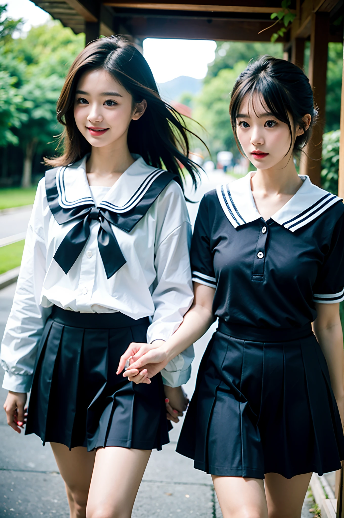 ​masterpiece, top-quality、Raw foto, Photorealsitic、I have two girls who are 18 years old、Walk while having a pleasant conversation、sideshot、a closeup、Open your mouth and laugh、Short bob blonde and long black hair、Japan High  Girl、a sailor suit、Knee-length skirt、校服、Idol、Smaller chest、unbelievable Ridiculous、depth of fields, hight resolution, ultra-detailliert, foco nítido, Cinematic lighting