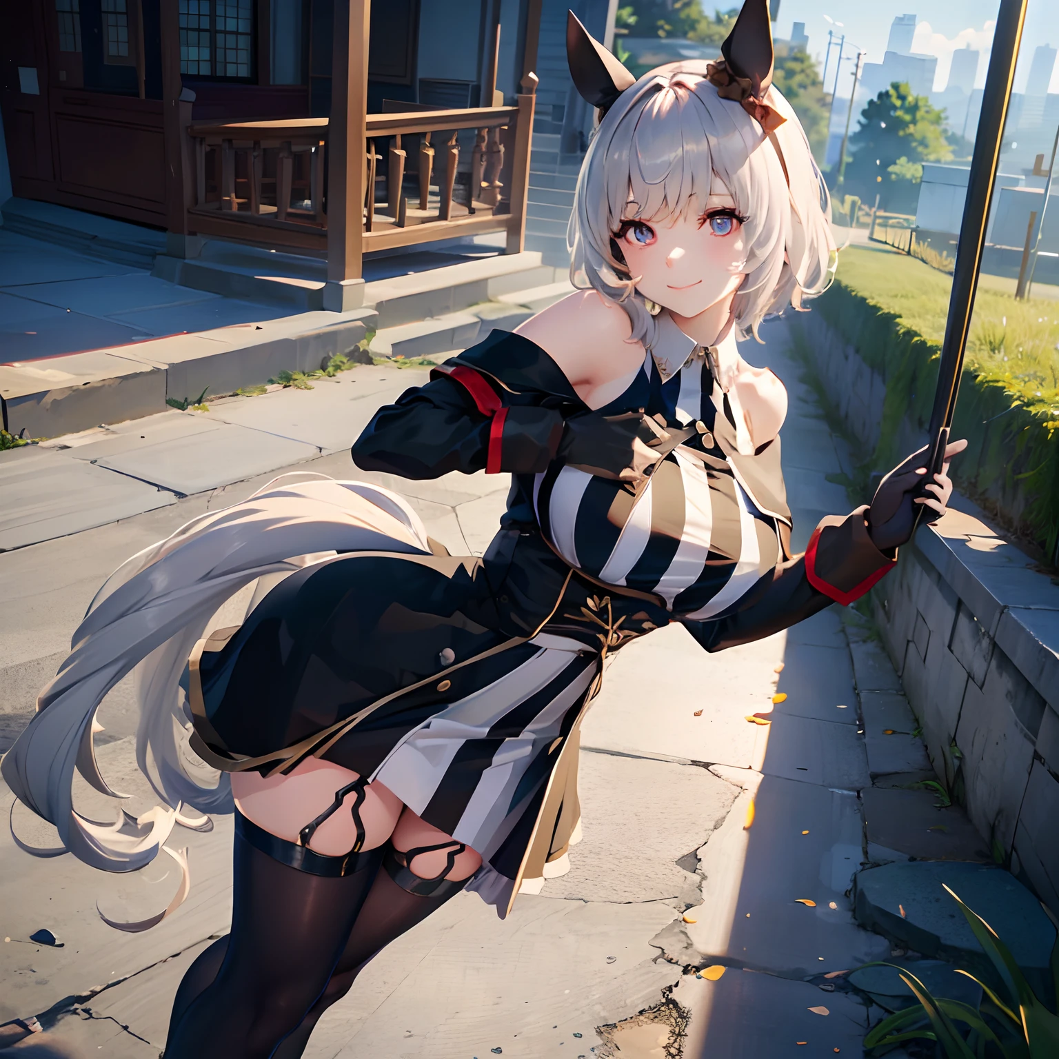 masterpiece、top-quality、CurrenChan(Uma Musume)、Full body drawing、NSFW:2、 beautiful girl、Super detailed illustration、Perfect body、Perfect Style、((Short stature:1.5))、Smiling smile、extremely cute and beautiful girl、girl、Pose provoking a man、Rough breathing、Estrus look、very detailed beautiful face and eyes、Detailed and exquisite eye、Beautiful eyes、Beautiful hair、Beautiful silver hair、Detailed and elaborate costumes、Solo, 1girl in、dynamic ungle、full-shot、wide Shots、masuter piece, Best Quality, ,Ultra mini skirt、knee high socks、knee high socks、Sexy garter belt、 White and black costume、 vertical-striped dress, Bare shoulders, off shoulders, Closed mouth, Long sleeves, Collared dress, gloves, hand on chin、constricted hips、(Emphasized large breasts:1.6)、Bust sticking to clothes、Bust that seems to overflow from the costume、Big breasts with tension、(Big breasts with a sense of weight:1.2)、Perfect bust、Glossy bust、Long breasts、Big ass、Emphasized buttocks、Skinny Legs、sexy underwear、Black lace underwear、Inside the school building、After school