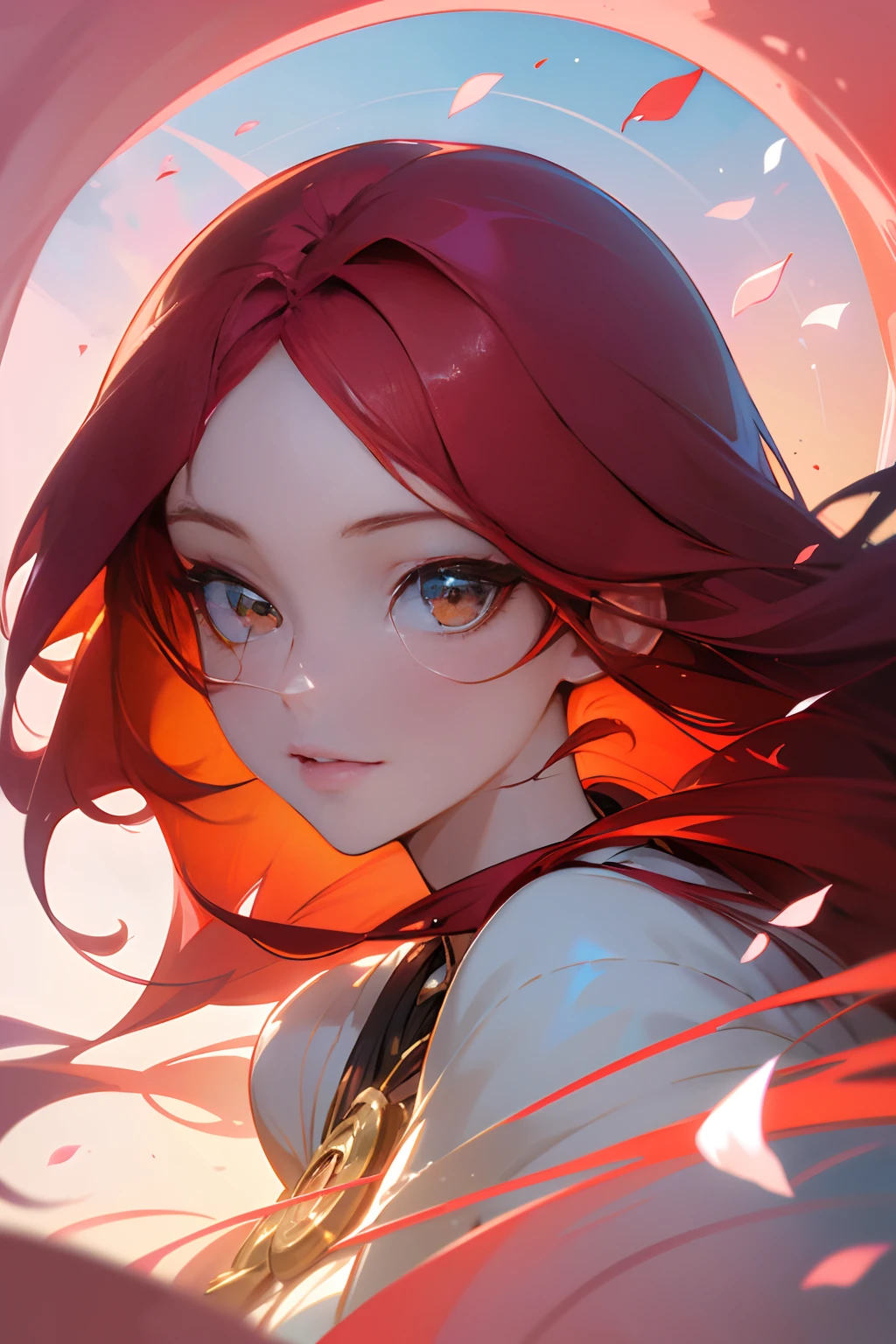(best quality,4k,8k,highres,masterpiece:1.2),ultra-detailed,,beautiful detailed eyes,beautiful detailed lips,extremely detailed eyes and face,long eyelashes,(red hair:1.1),(golden eye:1.1),1girl,(anime:1.1),(portrait:1.1),flowing red hair,perfect anime face,hourglass shaped body,soft and flawless skin,charming smile,charming expression,enchanting pose,vibrant colors,soft natural lighting,expressive eyes,dynamic and lively setting,stylish and modern clothes,magical aura,fantasy background with floating sakura petals,whimsical atmosphere