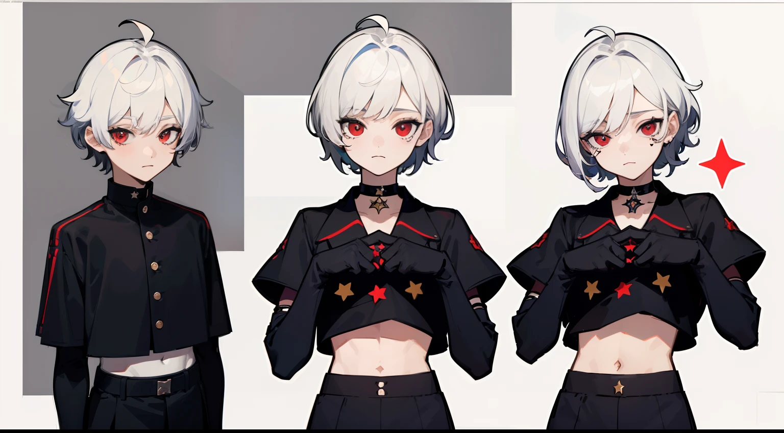 ((Masterpiece, Highest quality)), Detailed face, character sheets, full bodyesbian, Full of details, Multiple poses and expressions, Highly detailed, Depth, Many parts, 1boys,for 6 years old :3, White color hair,Black pick dye, Black crop top, mitts, Stockings, Black choker, Red eyes, Star (symbol), pupils in symbol shapes