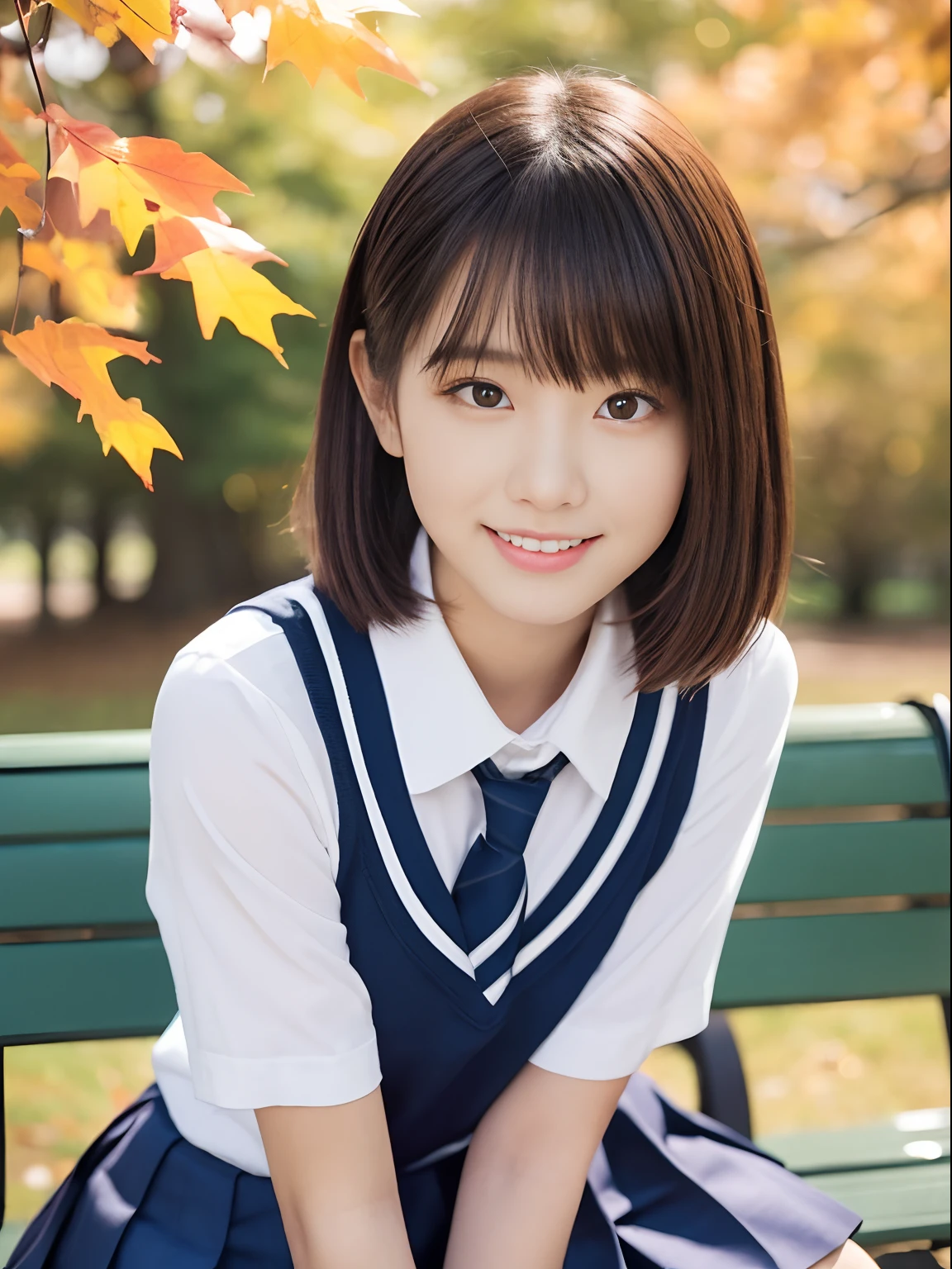 masutepiece, Best Quality, one girls, (a beauty girl:1.3), (:1.2), Very fine eye definition, (Symmetrical eyes:1.3), (NSFW), A smile、(Sit on a park bench, School uniform, Uniform knee-length pleated skirt:1.3), Beautiful breasts, Brown eyes, bangss, A dark-haired, The background is an autumn view of beautiful autumn leaves、The sun shines through the trees、Beautiful silhouette that glitters in the backlight,　Idol-style face、hyper pretty face:1.2,　unclear、Beautiful face、no-makeup、