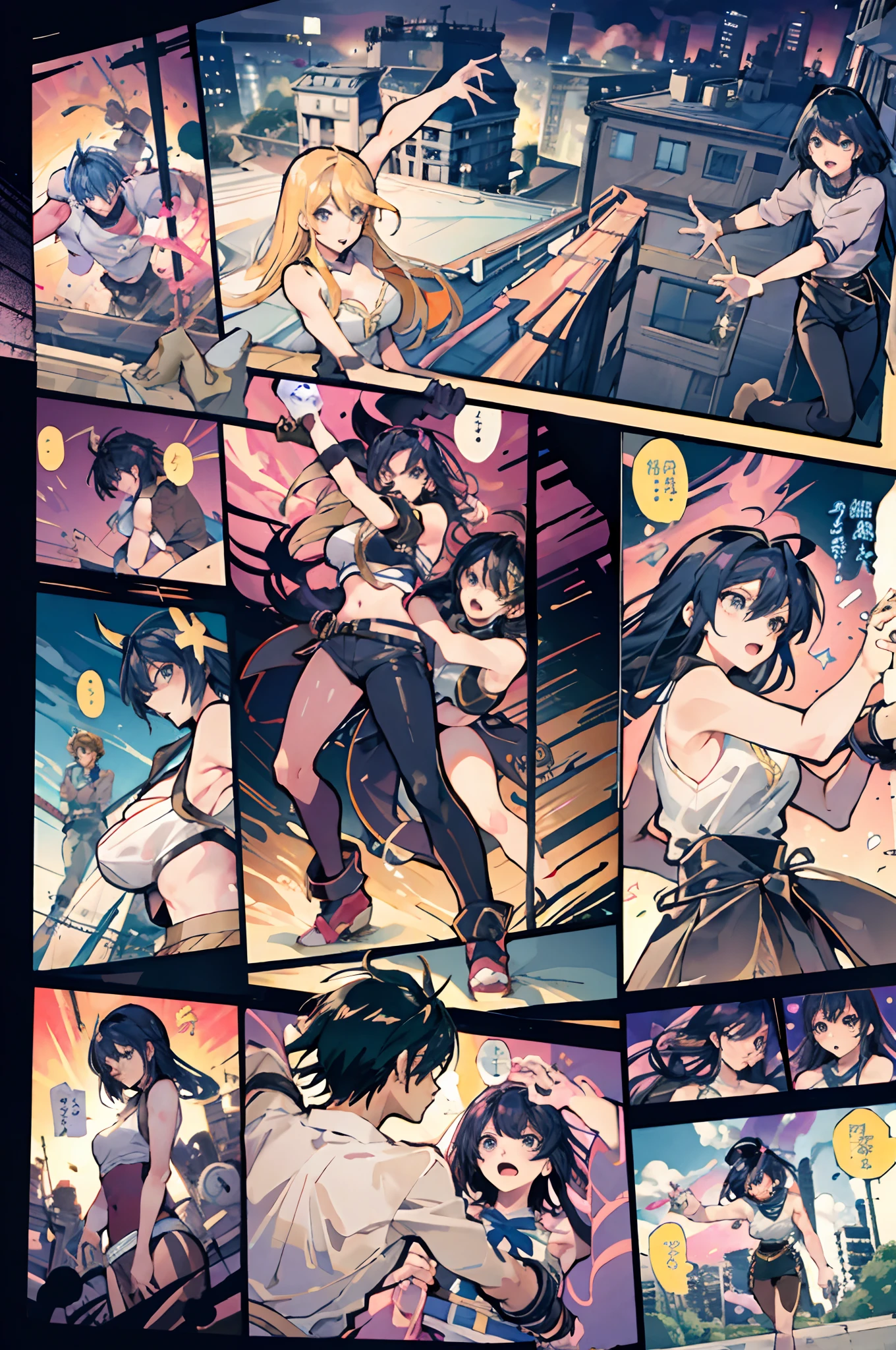 Comic stule panels. duas garotas de anime(loiro), Brawl on top of a building, in the night, backview, Top view, hot fight, high resolution, HD, perfect hand and body, sequence of attacks, good history