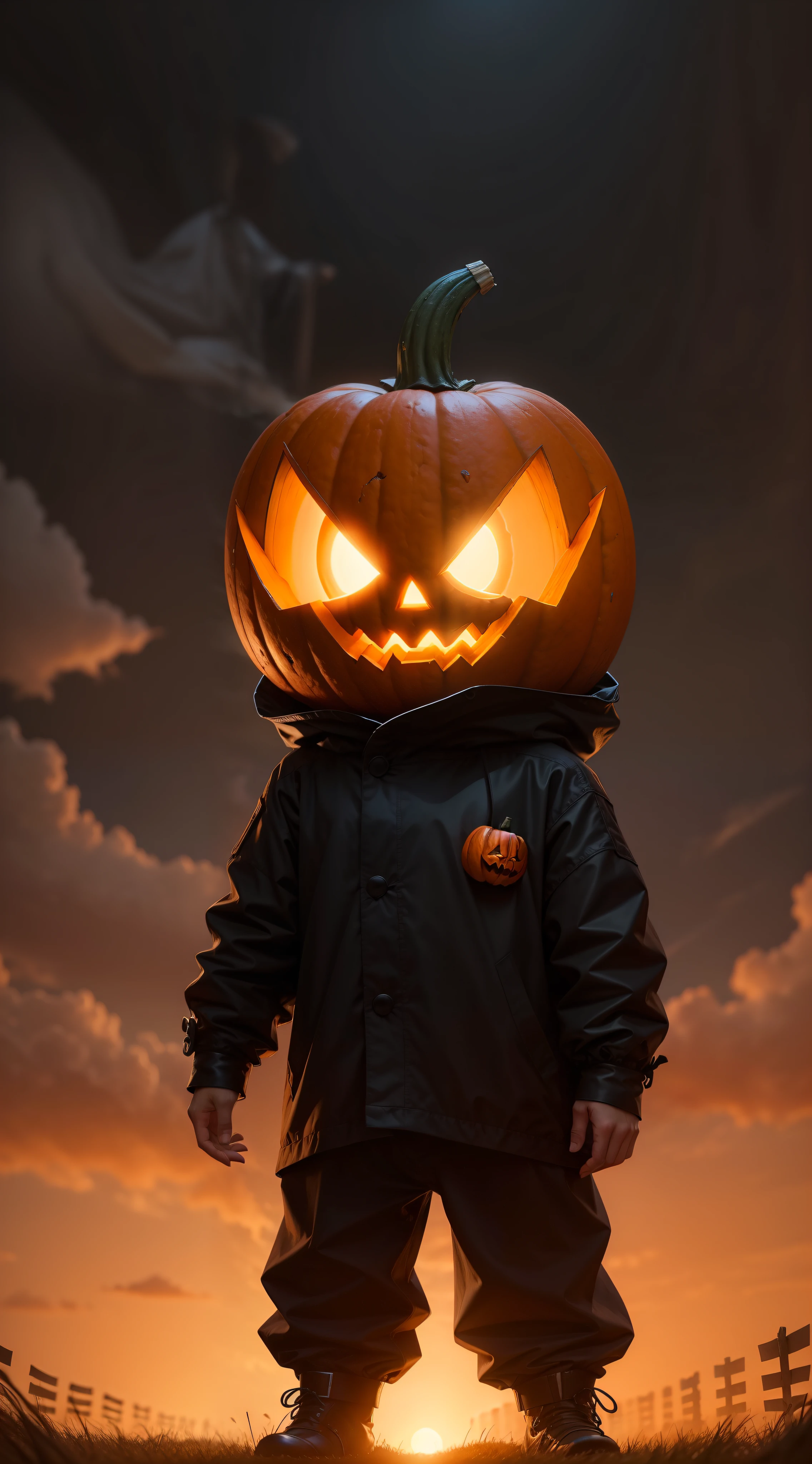 a small humanoid character with a pumpkin as it's head, scary, horror, night, dark, fall weather, farm
