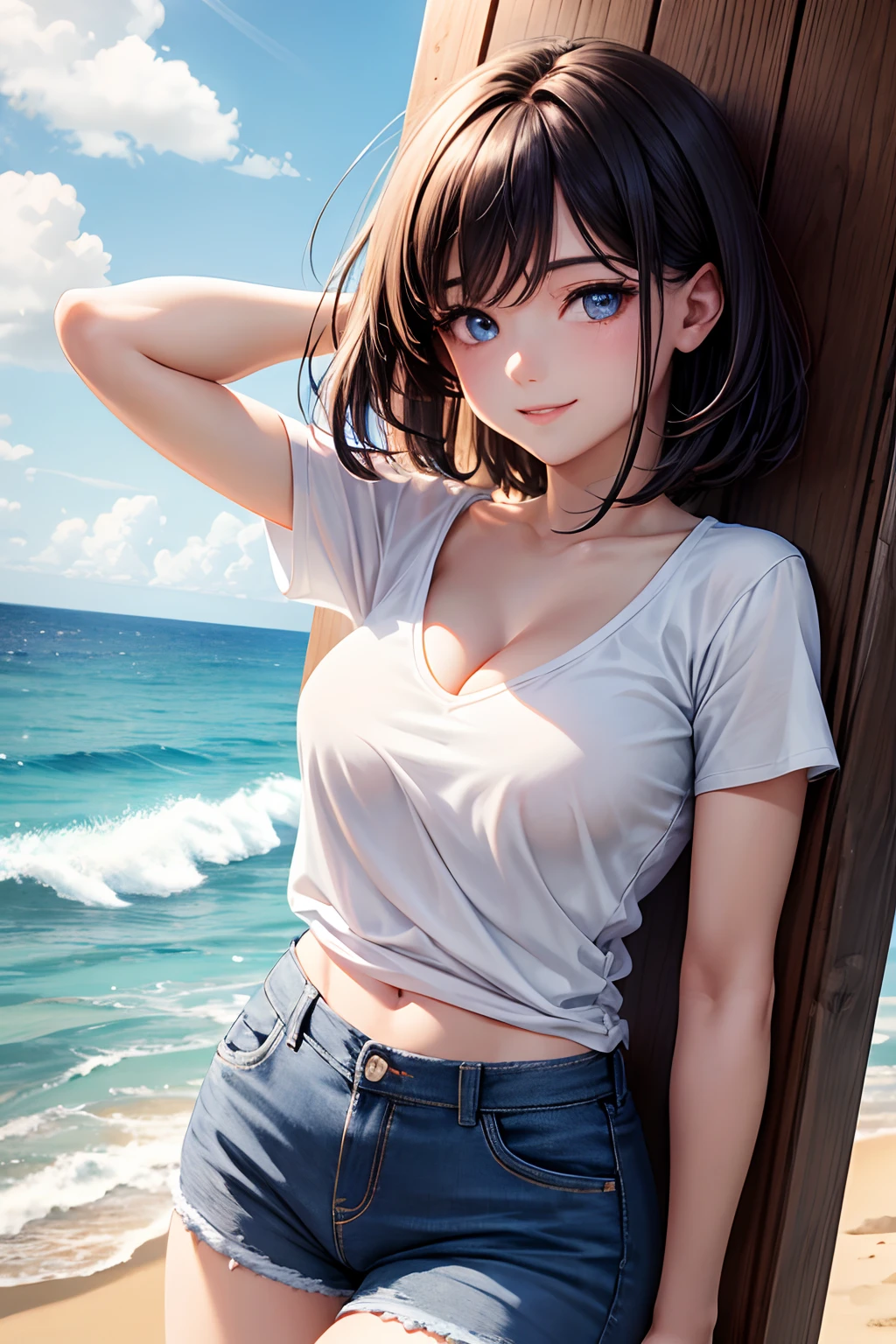 of the highest quality, High resolution, The perfect human structure, Human focus, Front view, Glowing hair, Glowing eyes, look up at viewer, White T-shirt, jeans, Top angle, medium breasts, cleavage, Happy smile, Shorthair,Shorts, ocean, Gradient Eyes, swept bangs,