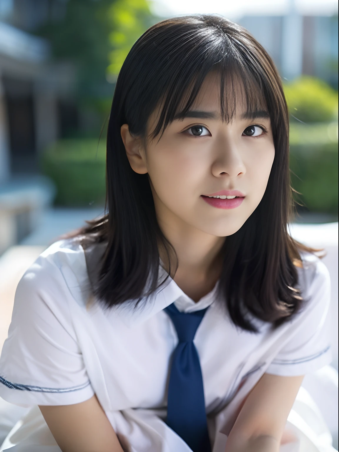 (masutepiece, Best Quality:1.2), 8K, 15yo student, 85 mm, Official art, (Transcendent Big:1.6), absurderes, White dress shirts, Pretty Face, close up, full body Esbian, violaceaess, gardeniass, Beautiful Girl, School uniform, (Navy pleated skirt:1.1), Cinch West, thighs thighs thighs thighs, Short sleeve, On a hotel bed、Looking at Viewer, No makeup, (Smile:0.4), Film grain, chromatic abberation, Sharp Focus, face lights, clear lighting, Teen, Detailed face, Bokeh background, (dark red necktie:1.1)、Throw out your legs and sit down