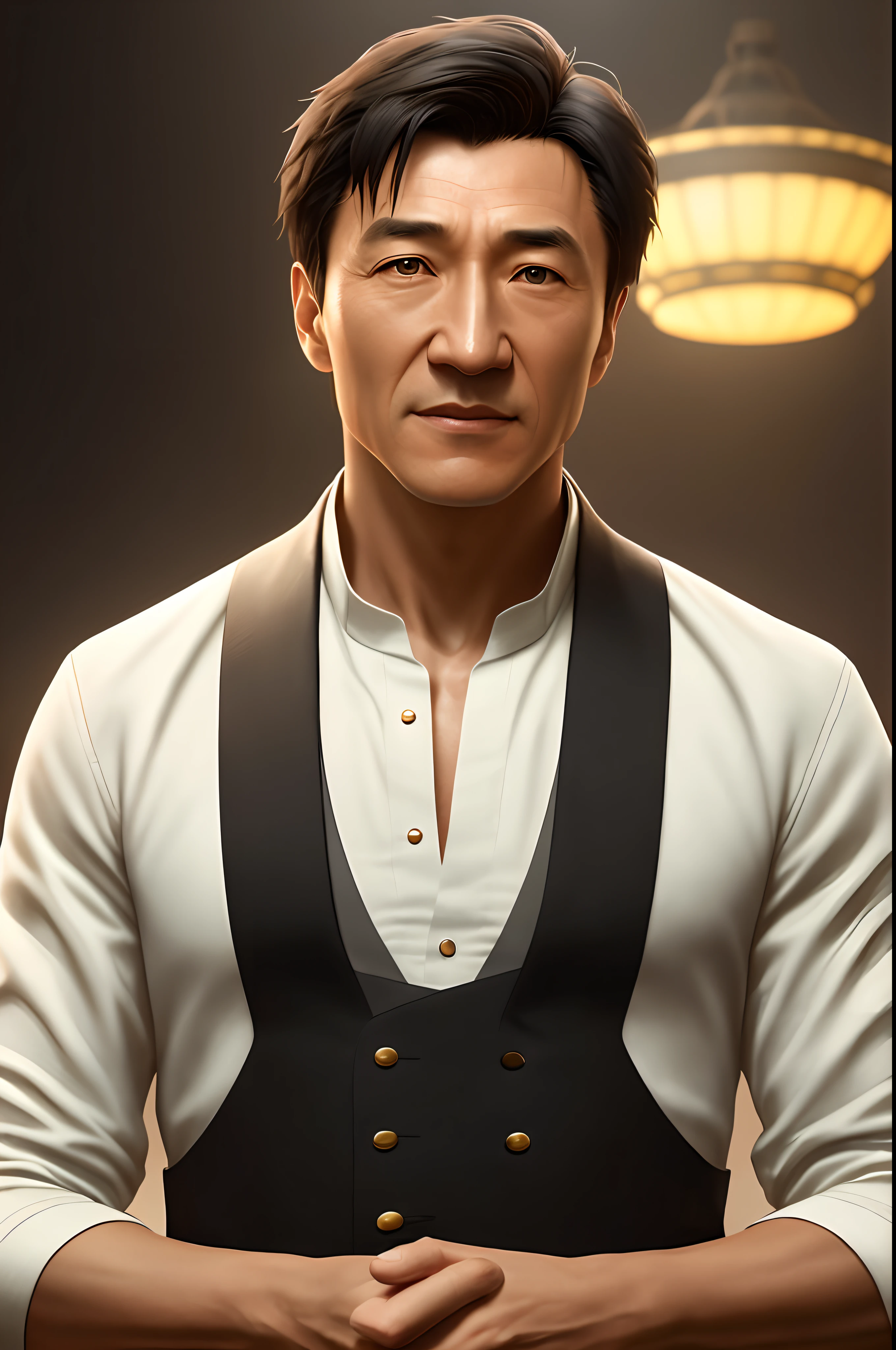 Homem de meia idade(poster for:1.6),Jackie Chan face,Hold a fist with your right hand,Right side of the body,One guy,Emoji smile,white clothe,poster for,Nostalgia,filmposter,Western film(skin textures),intricately details,finely detailled,Hyper-detailing,Ray traching,sub surface scattering,diffused soft lighting,shallowdepthoffield,author:(Oliver Waite) CGSociety trends,复杂,high detal,Sharp focus,dramatics,The art of realist painting by Greg Rutkowski