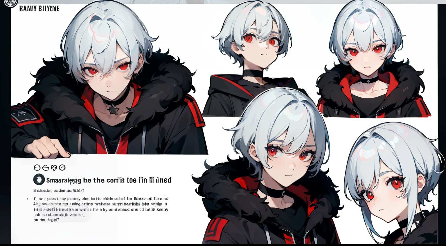 ((Masterpiece, Highest quality)), Detailed face, character sheets, full bodyesbian, Full of details, Multiple poses and expressions, Highly detailed, Depth, Many parts, 1boys,for 6 years old :3, White color hair,Black pick dye, Black crop top, mitts, Stockings, Black choker, Red eyes, Star (symbol), pupils in symbol shapes
