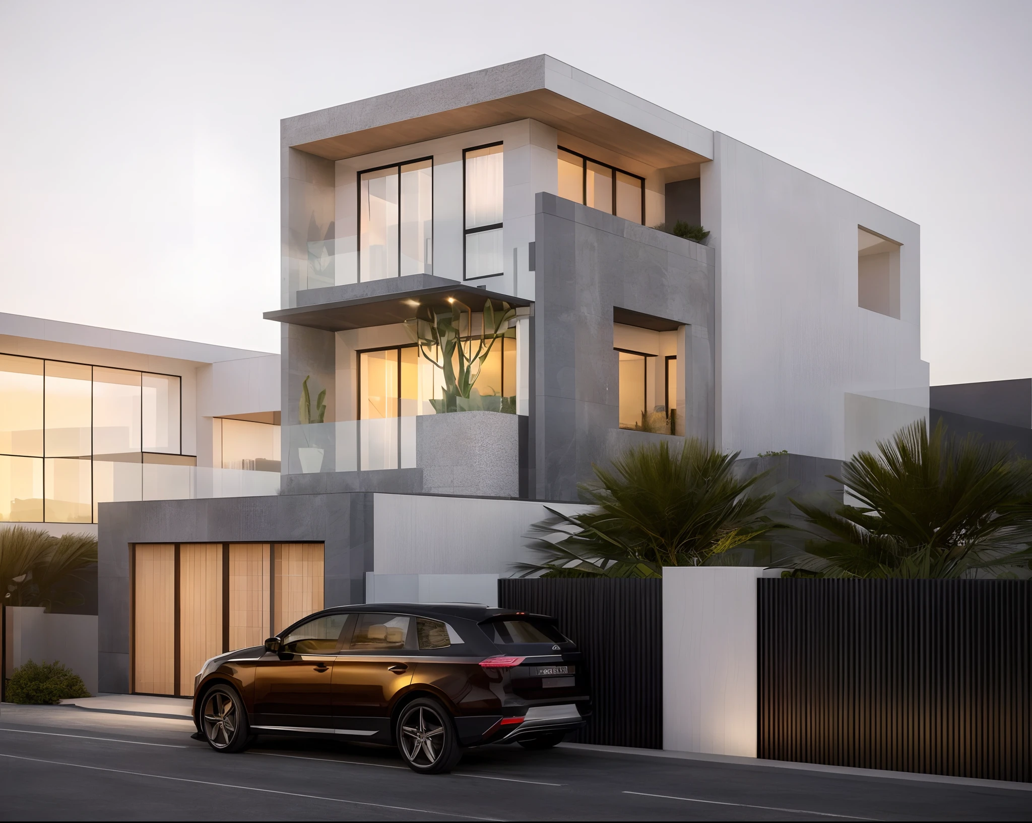 villa modern, Realistic, modernvilla, exterior, sunset,glass railing,architecture,wall white, RAW photo, 8k uhd, dslr,  (high detailed skin:1.3), soft lighting, ultra quality, film grain, Fujifilm XT3, sharp image, best quality, authentic, hight quality,