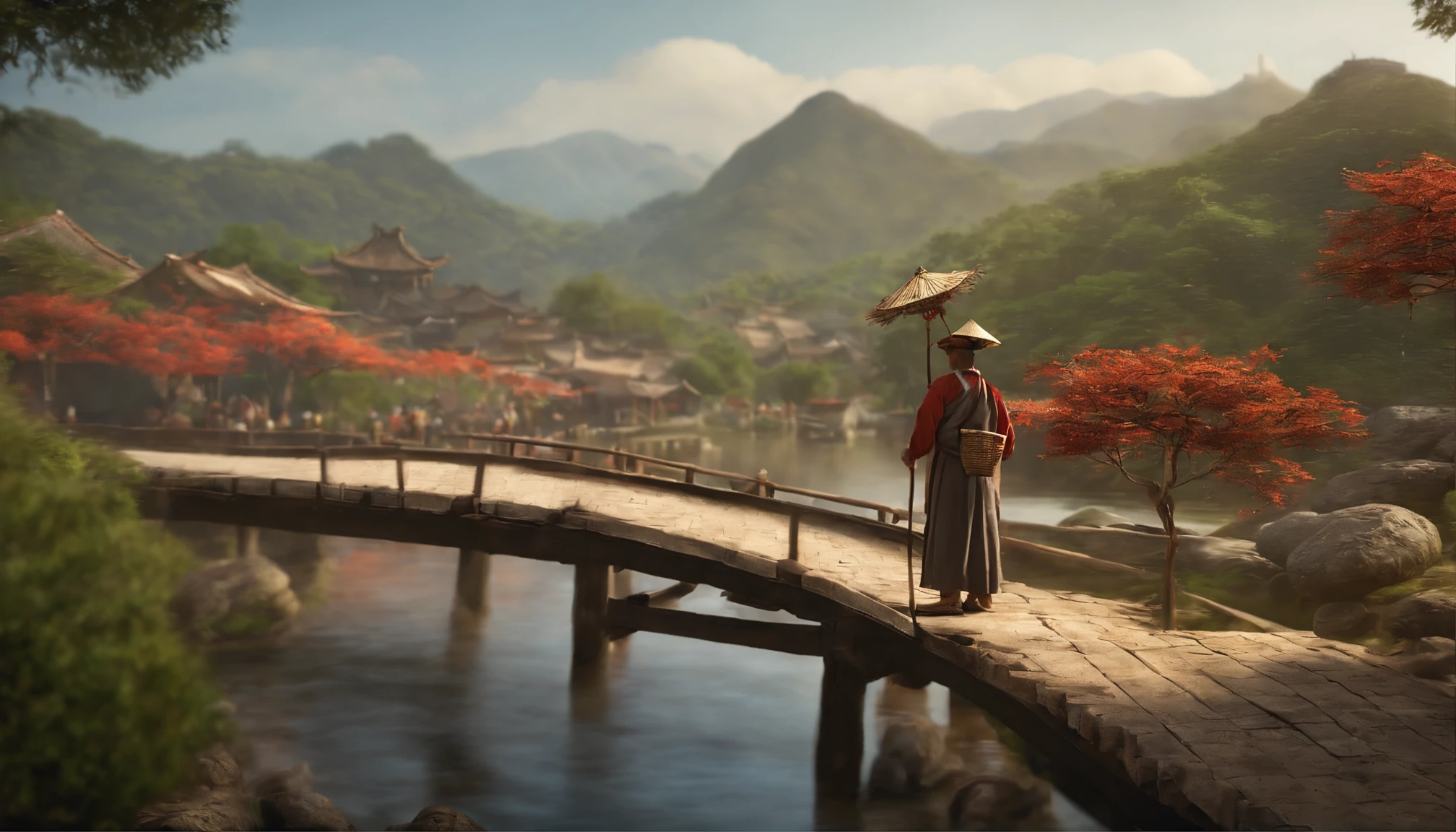 "(melhor qualidade,Altas,master part:1.2),illustration, shion, homem de vilarejo chines, trabalhando com vendas, with basket on head, estilo chines zen, cultura chinesa, homem andando pela vila, muito tranquila. with trees and river, e pessoas trabalhando, with a bridge and typical houses, desenho realista, animification, 3d, cenario deslubrante, Adult Chinese man wearing a straw hat, Jovem de apoio aos idosos】 Celebrando o Festival de Chongyang de olhos fechados, jovem sorrindo enquanto apoia os idosos, lively Chrysanthemum Festival, sorriso cativante, Close-up of climbing a mountain in the distance, "