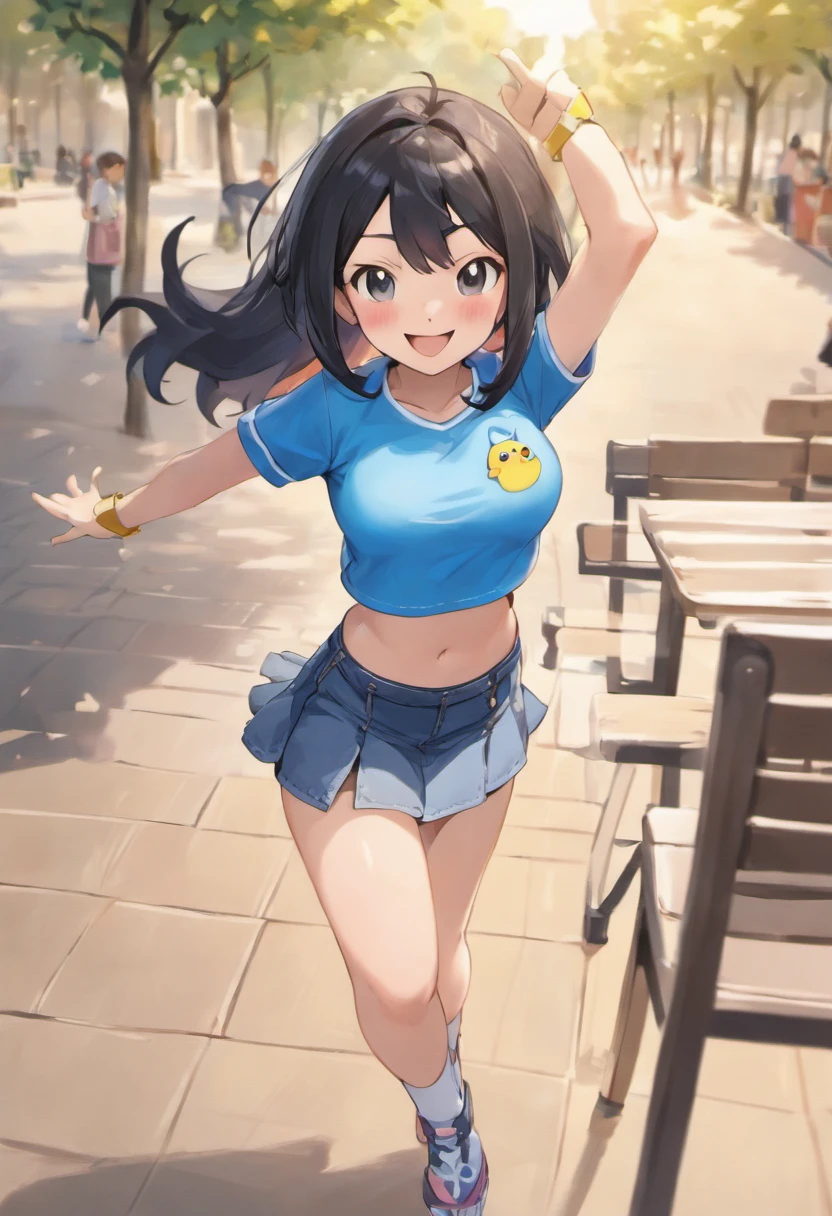 1 girl,(black hair semi-long)(beautiful hair), actress, smile, shiny skin, best quality, masterpiece, (photorealistic:1.4), terrace seating, Europe, France, Paris, denim mini skirt (realistic fabric), white short sleeves (cotton fabric), (no logo), thin fingers, not safe for work, m-shaped legs spread