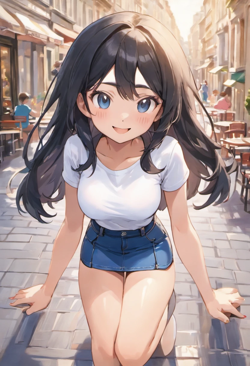 (masterpiece), Highest quality, One Girl, 8-year-old girl, pretty girl, Flat Chest, Black Hair, Very long hair, She is looking towards the viewer, She is wearing a bright red leather collar.,
She is wearing a white mini dress, Pure white clothes, Clothes without collars, The dress is sleeveless, exposing her bare shoulders and collarbones., The material of her clothes is very thin, The dress is see-through, The naked body is clearly visible, Her nipples are pressed against the fabric of her dress, Erect nipples, Nipples are visible,
Not wearing a skirt, Not wearing a bra, Not wearing panties, The hem of the dress is very short, The lower half is naked, She is exposing her waist, her belly button is visible, her pussy is visible, She purposely shows off her pussy, I can see the crotch lines, she has no pubic hair,
She stands with her legs spread, Open your knees, Wearing a straw hat, She is barefoot and wearing sandals,
Very shy, blush,
She is walking around the city, Standing in a crowd, Handbags,