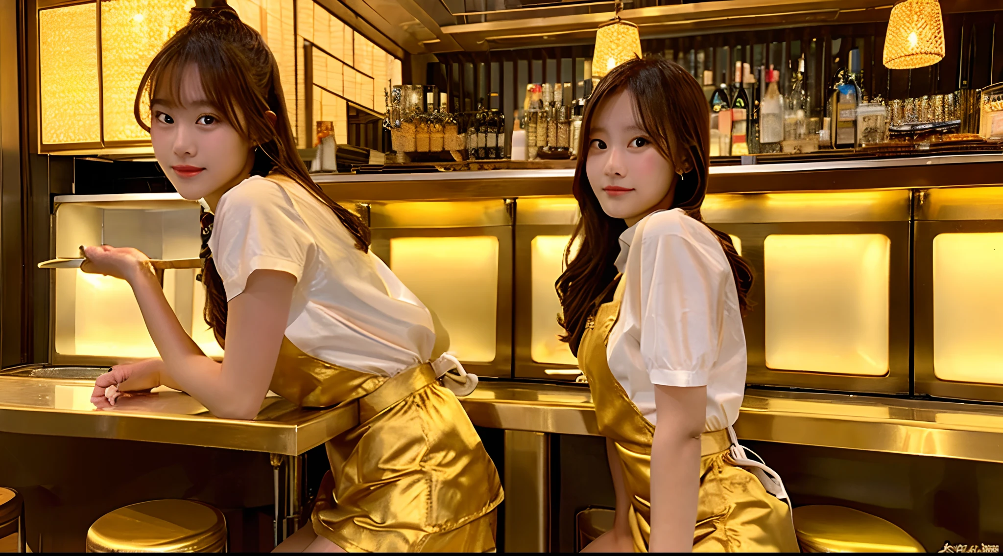 18-year-old waitress in a golden miniskirt