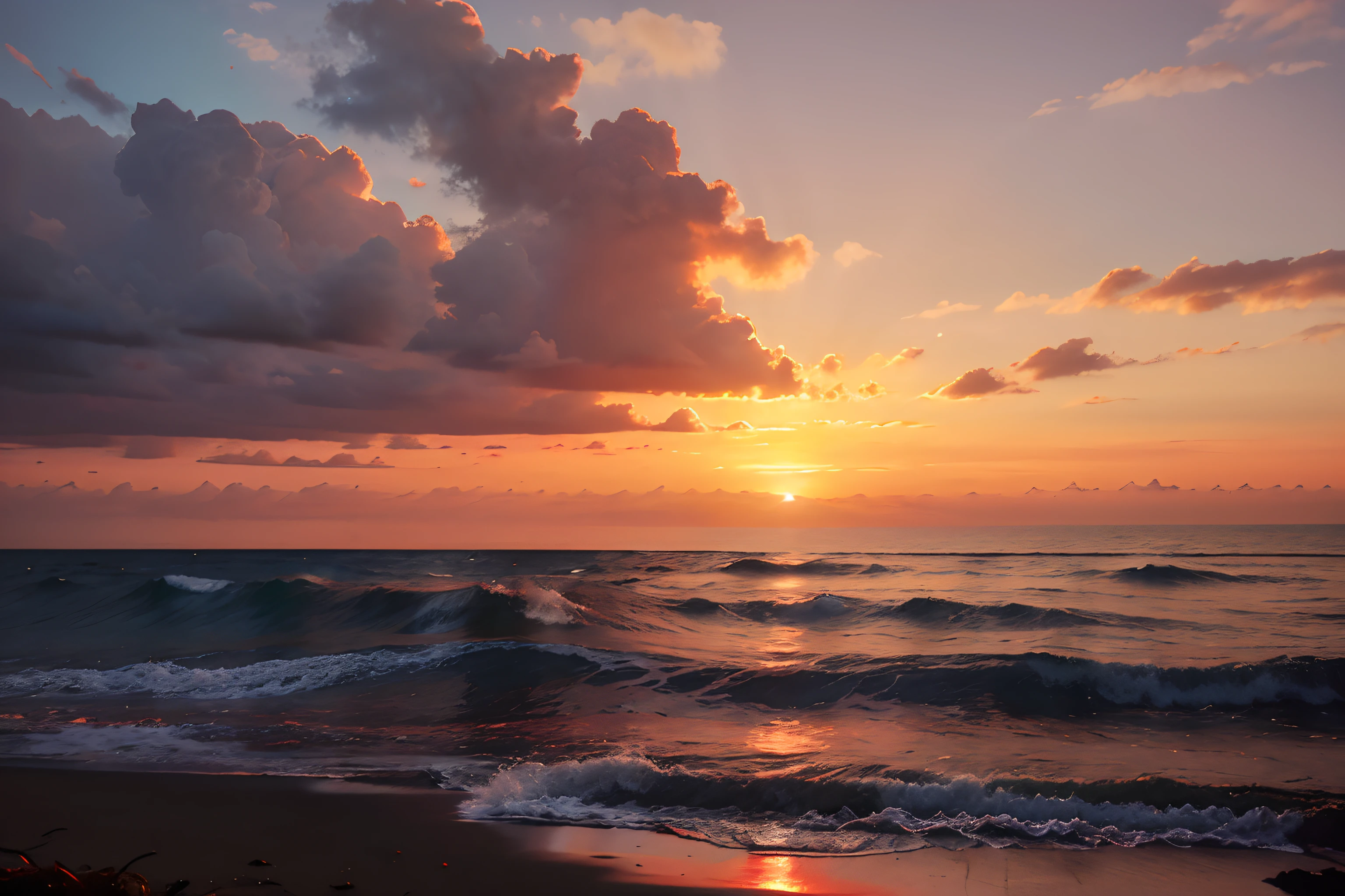 relistic LANSCAPE PHOTO SUN RISE WITH ocean early morning, clearly red sky, no cloud