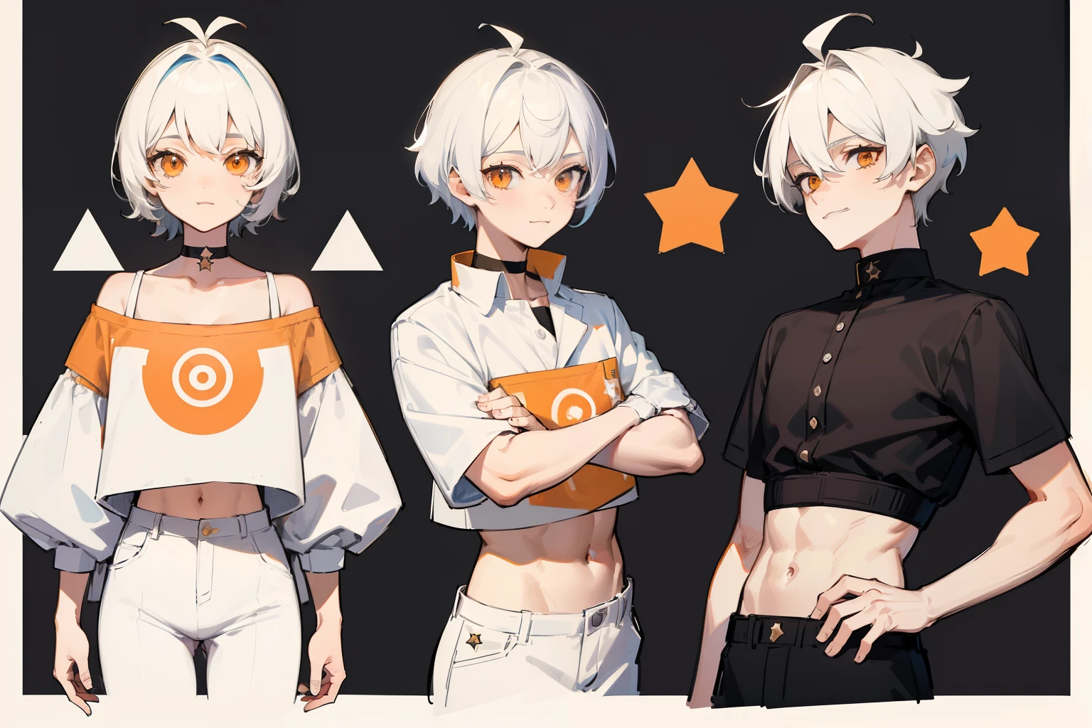 ((Masterpiece, Highest quality)), Detailed face, character sheets, full bodyesbian, Full of details, Multiple poses and expressions, Highly detailed, Depth, Many parts, 1boys,for 6 years old  :3, White color hair，Black pick dye，ssmile， Black crop top， mitts, Stockings, Black choker, orange eyes, Star (symbol), pupils in symbol shapes