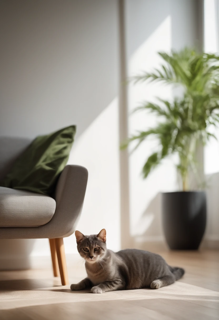 Close-up,Cat Scratcher, L-shaped cat scratch board,white walls,a part of light wood grain floor, a part of light gray fabric sofa, a small amount of green bonsai, semi transparent curtains, sunlight shining into the room, minimalist style, 4K, camera,