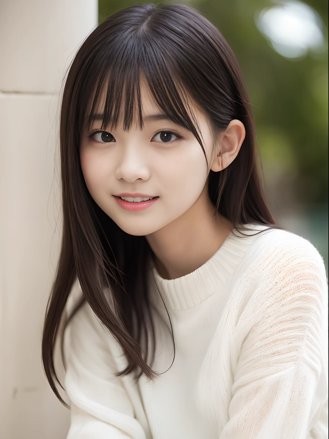 masutepiece, Best Quality, 8K, 10yaers old, Teen, Raw photo, absurderes, award winning portrait, Smile, Solo, Idol face, violaceaess, Delicate girl, Upper body, Digital SLR, Looking at Viewer, Candid, Sophisticated,Thin arms, Professional Lighting, Film grain, chromatic abberation, (Eyes and faces with detailed:1.0), (Bokeh:1.1) , (White sweater:1.1) , closes mouth ,