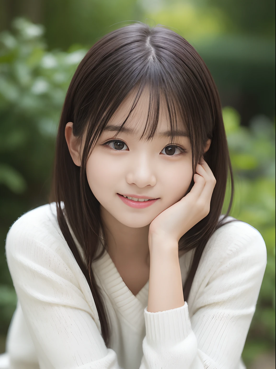 masutepiece, Best Quality, 8K, 10yaers old, Teen, Raw photo, absurderes, award winning portrait, Smile, Solo, Idol face, violaceaess, Delicate girl, Upper body, Digital SLR, Looking at Viewer, Candid, Sophisticated,Thin arms, Professional Lighting, Film grain, chromatic abberation, (Eyes and faces with detailed:1.0), (Bokeh:1.1) , (White sweater:1.1) , closes mouth ,