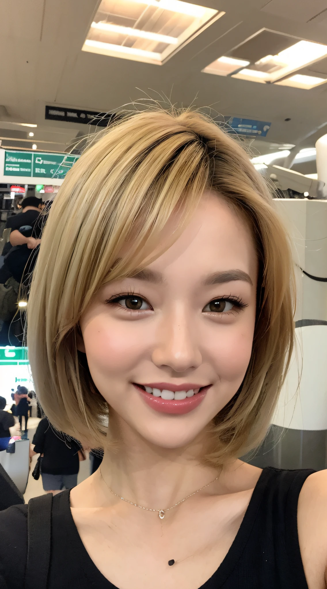 master part, melhor qualidade, (fotorrealista:1.4), corpo inteiro, aeroporto, uma foto de uma mulher bonita, dia, magro, blonde hair, Fauxhawk, Rosto detalhado, Medium large, sorridente, Forma do corpo da ampulheta,