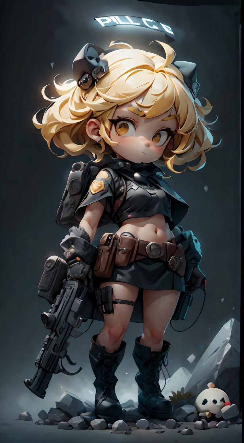 plastican00d, 1girll, tchibi, Yellow hair, Luxury fabrics, dither, Ice cream texture,Profound, looking at viewert, Striped background,standing on your feet,full bodyesbian,Tactical policeman in police uniform,femele,Heavy weapons in hand,full armour,best qualtiy,tmasterpiece,A high resolution,Pretty Girl Criminal Police,short detailed hair,Black crop top vest,Brown belt,Pistol holster on the thigh,Body armor,Tactical gloves,Black miniskirt,Police uniform style,Black long-barreled flat boots,Police badge on the chest,full body in view