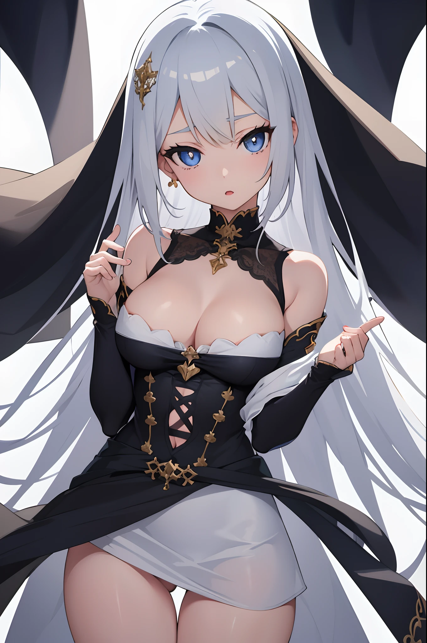 1girl, anime, cute girl, blank background, white background, fantasy, detailed dark fantasy dress with highlights, beautiful face, beautiful eyes, dark colors, medium breasts, slight cleavage, beautiful skin, cute, breast curtains, extremely delicate and beautiful, (beautiful detailed face:1.0), (detailed deep eyes), symmetrical breasts, deep eyes, shiny skin, portrait, slender waist, hips wider than shoulders, thighs, young girl