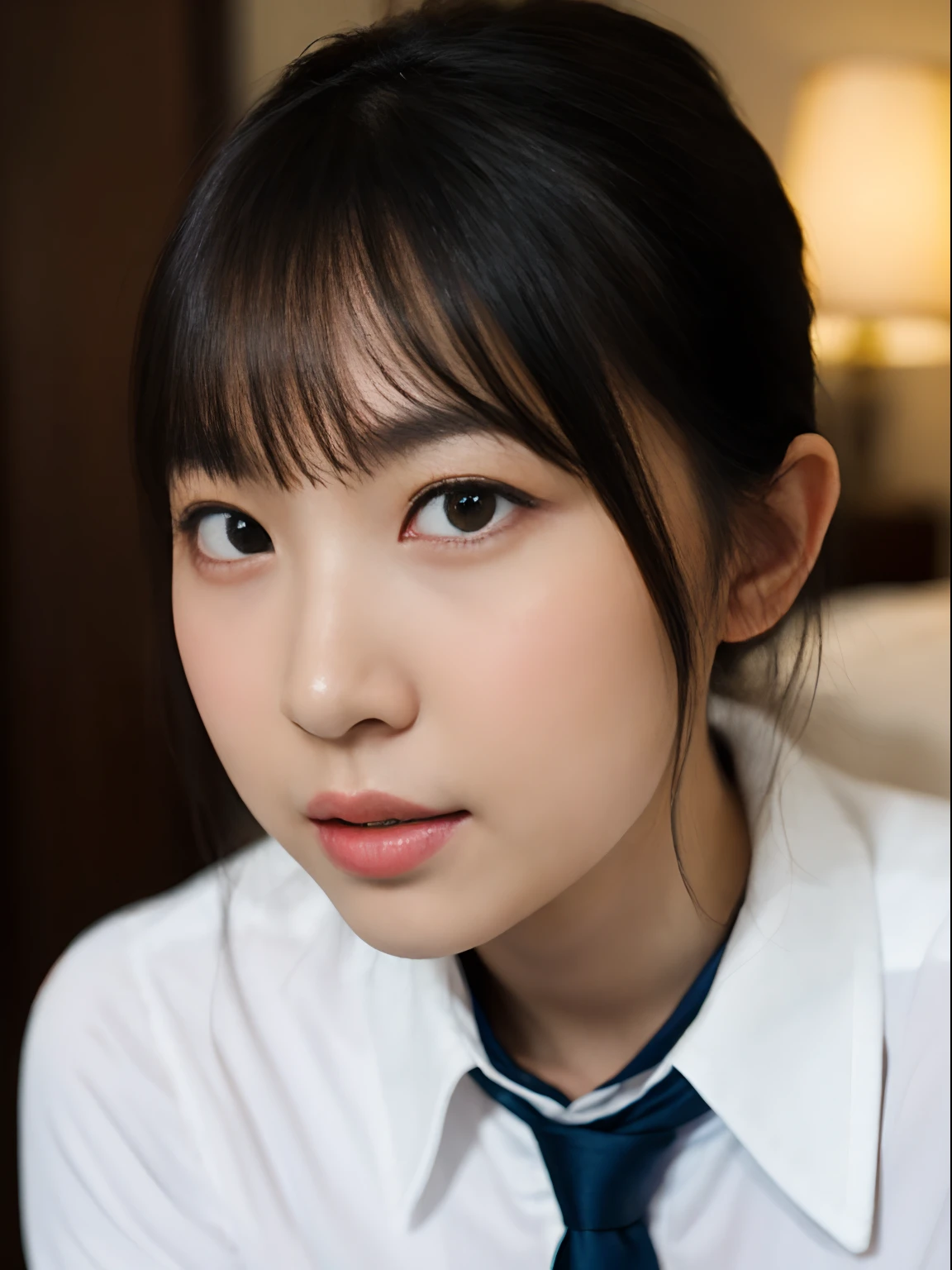 (masutepiece, Best Quality:1.2), 8K, 15yo student, 85 mm, Official art, (Transcendent Big:1.6), absurderes, White dress shirts, Pretty Face, close up, full body Esbian, violaceaess, gardeniass, Beautiful Girl, School uniform, (Navy pleated skirt:1.1), Cinch West, thighs thighs thighs thighs, Short sleeve, On a hotel bed、Looking at Viewer, No makeup, (Smile:0.4), Film grain, chromatic abberation, Sharp Focus, face lights, clear lighting, Teen, Detailed face, Bokeh background, (dark red necktie:1.1)、Throw out your legs and sit down