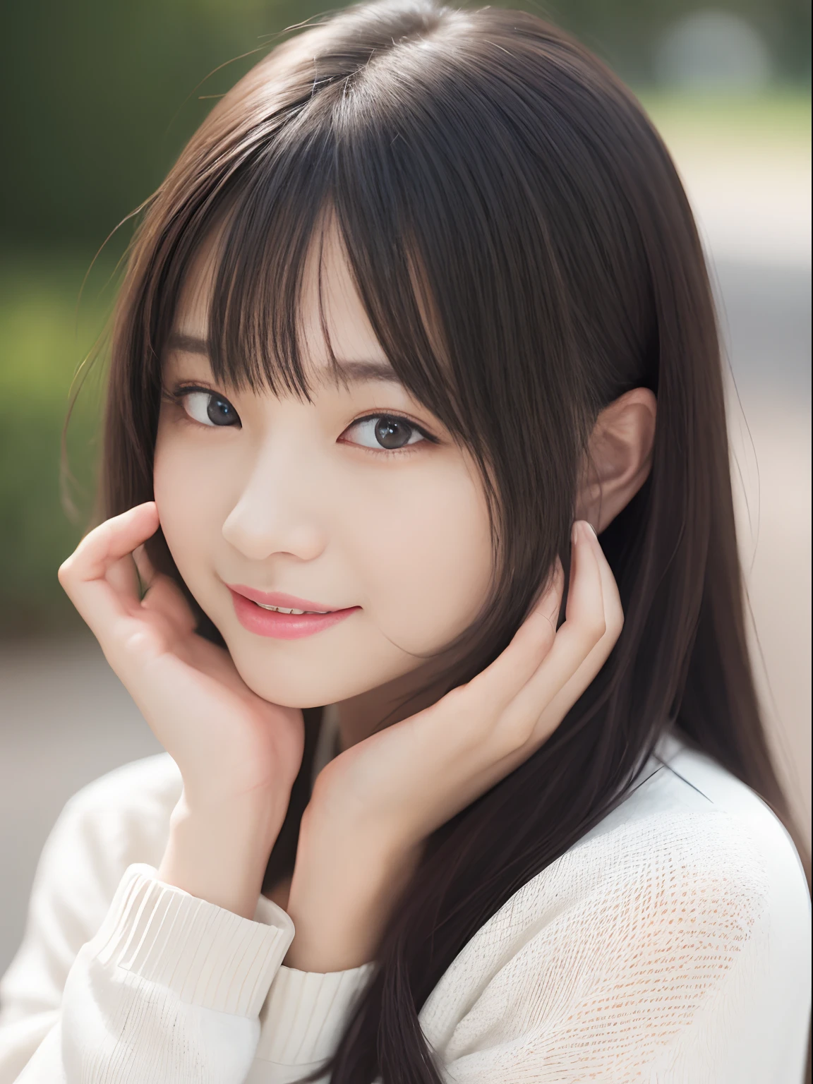 masutepiece, Best Quality, 8K, ers old, Teen, Raw photo, absurderes, award winning portrait, Smile, Solo, Idol face, violaceaess, Delicate girl, Upper body, Digital SLR, Looking at Viewer, Candid, Sophisticated,Thin arms, Professional Lighting, Film grain, chromatic abberation, (Eyes and faces with detailed:1.0), (Bokeh:1.1) , (White sweater:1.1) , closes mouth ,