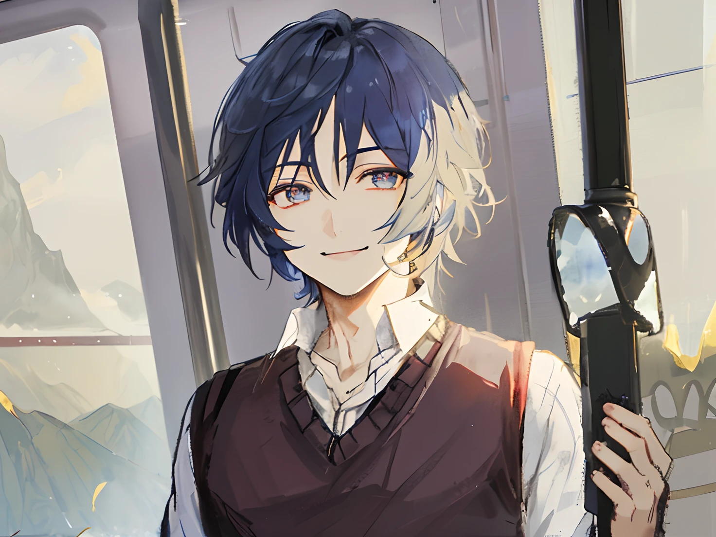a game character standing and holding the train iron support, smiling and looking away from the viewer, dressed in a buttoned sweater, scaramouche (genshin impact), male focus, 1boy, indigo eyes, dark-indigo hair, shirt, train interior, mountain views, jellyfish haircut, genshin impact fanarts, genshin impact artstyle