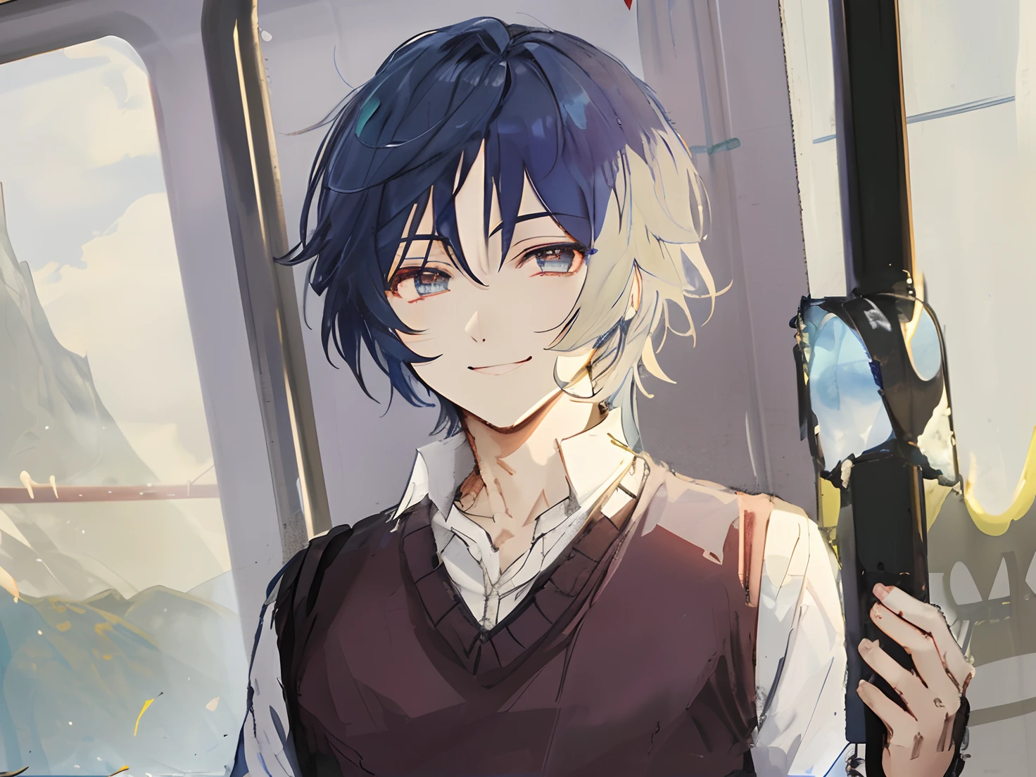 a game character standing and holding the train iron support, smiling and looking away from the viewer, dressed in a buttoned sweater, scaramouche (genshin impact), male focus, 1boy, indigo eyes, dark-indigo hair, shirt, train interior, mountain views, jellyfish haircut, genshin impact fanarts, genshin impact artstyle
