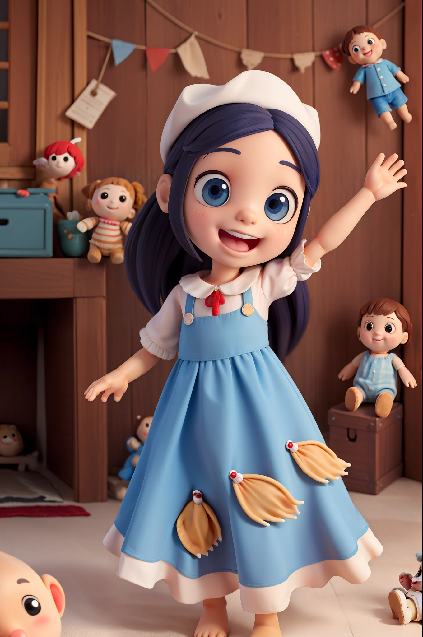 Crie uma capa para um book , nesse capa tem de ter uma aldeia, Full of stuffed dolls that have life , Who are partying , ao lado de 1girl de 13 anos, de cabelos castanhos , e olhos, roupa de aventura , sem pasta , 1girl is happy next to the plush dolls