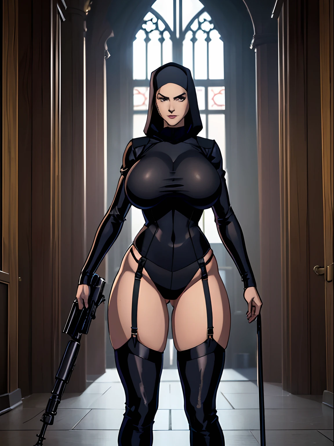 (masterpiece, top quality, best quality, official art, beautiful and aesthetic:1.2), (1girl:1.3), light freckles, fair skin, extremely detailed, portrait, looking at viewer, solo, (full body:0.6), detailed background, close up, (dark gothic theme:1.1), nun with guns, charlatan, smirk, mysterious, swaggering through cathedral, modest attire, black habit, cowl, nun hood, wimple, thigh-high boots, bodysuit, leotard, corset, leather straps, ammunition pouches, long boots, submachineguns, SMGs, MP5s, thigh pouches, holsters, garters, ((((narrow hips, slim sexy body, gigantic breasts)))), slim waist, slim hips, long legs, modern (cathedral exterior:1.1) background, dark mysterious lighting, shadows, magical atmosphere, dutch angle,