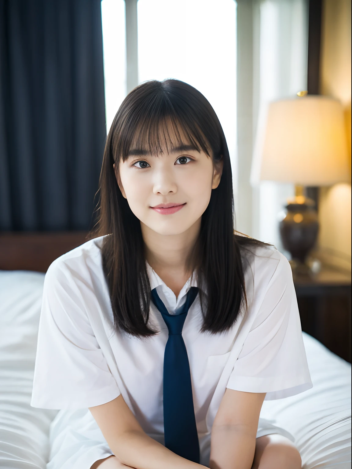 (masutepiece, Best Quality:1.2), 8K, , 85 mm, Official art, (Transcendent Big:1.6), absurderes, White dress shirts, Pretty Face, close up, full body Esbian, violaceaess, gardeniass, Beautiful Girl, School uniform, (Navy pleated skirt:1.1), Cinch West, thighs thighs thighs thighs, Short sleeve, On a hotel bed、Looking at Viewer, No makeup, (Smile:0.4), Film grain, chromatic abberation, Sharp Focus, face lights, clear lighting, Teen, Detailed face, Bokeh background, (dark red necktie:1.1)、Throw out your legs and sit down