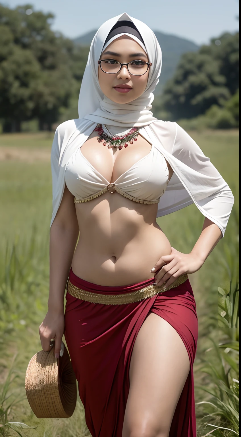 cowboy_shot,(iu:0.8),cleavage, RAW, Best quality, high resolution, Masterpiece: 1.3, Beautiful glasses pearl_skinned hijabi javanese wearing sexy tribal top and grass_skirt, Masterpiece, Soft smile